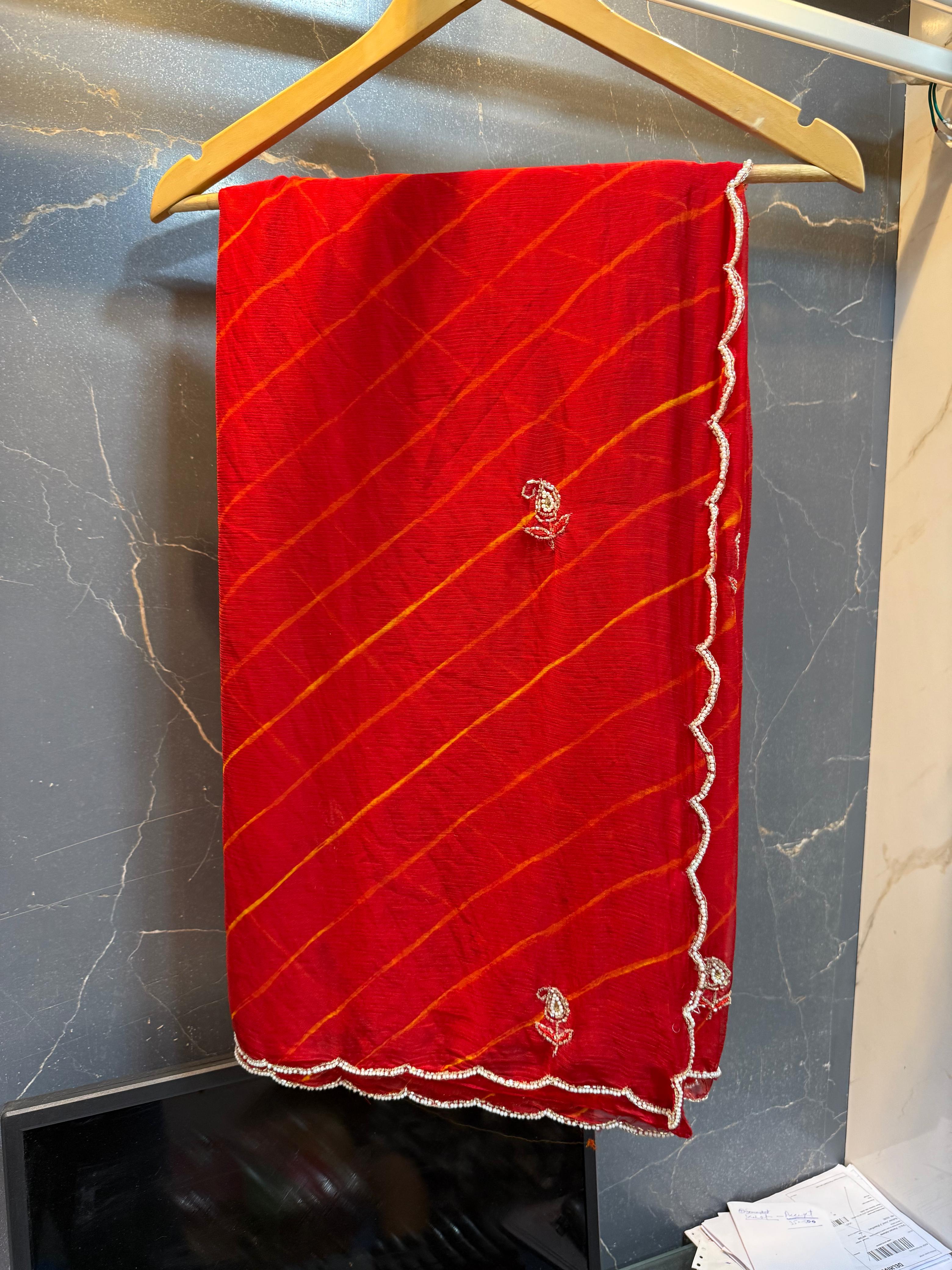 Beautiful Leheriya Hand Dye Saree With Handwork
