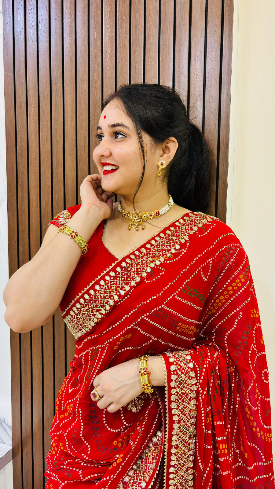 Pure Viscose Georgatte Fabric Bandhni Print Saree With HandWork