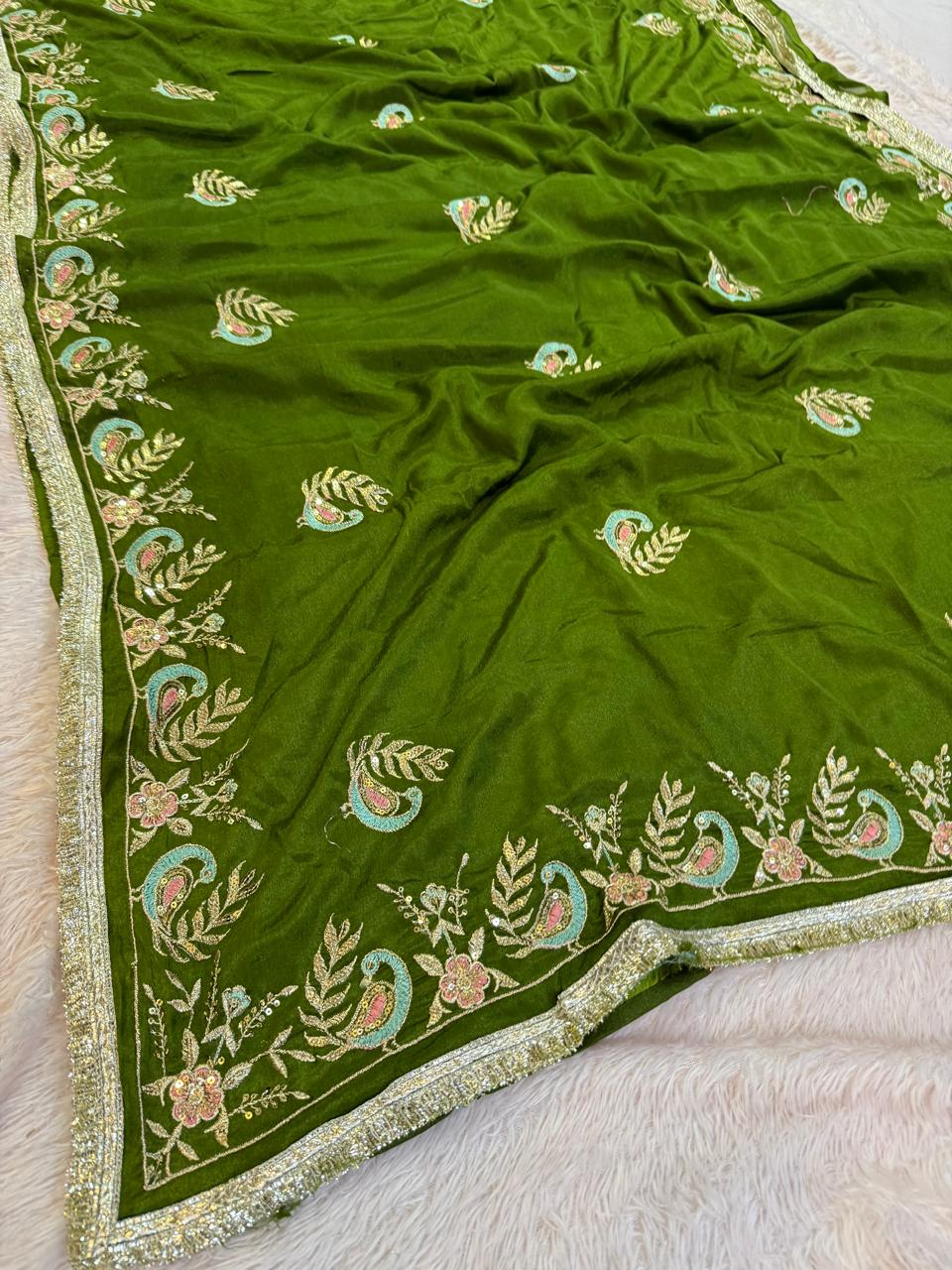 Latest Semi Chinon Saree With Handwork