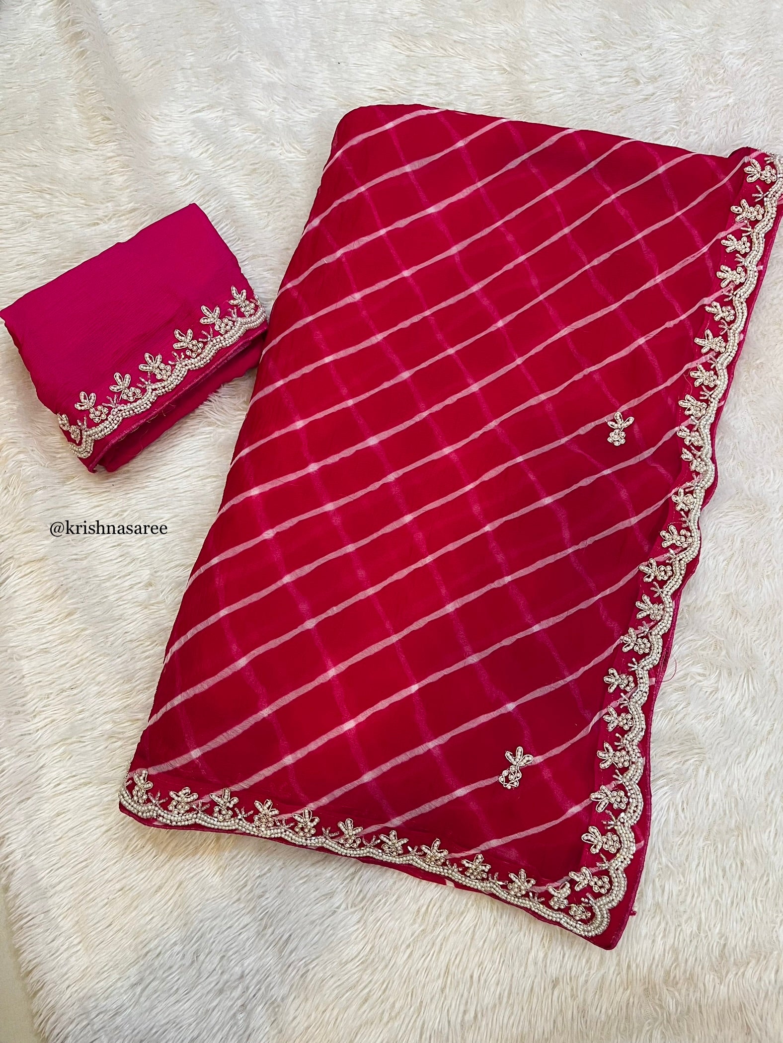 Beautiful Pure Chiffon Lahariya Saree With Handwork