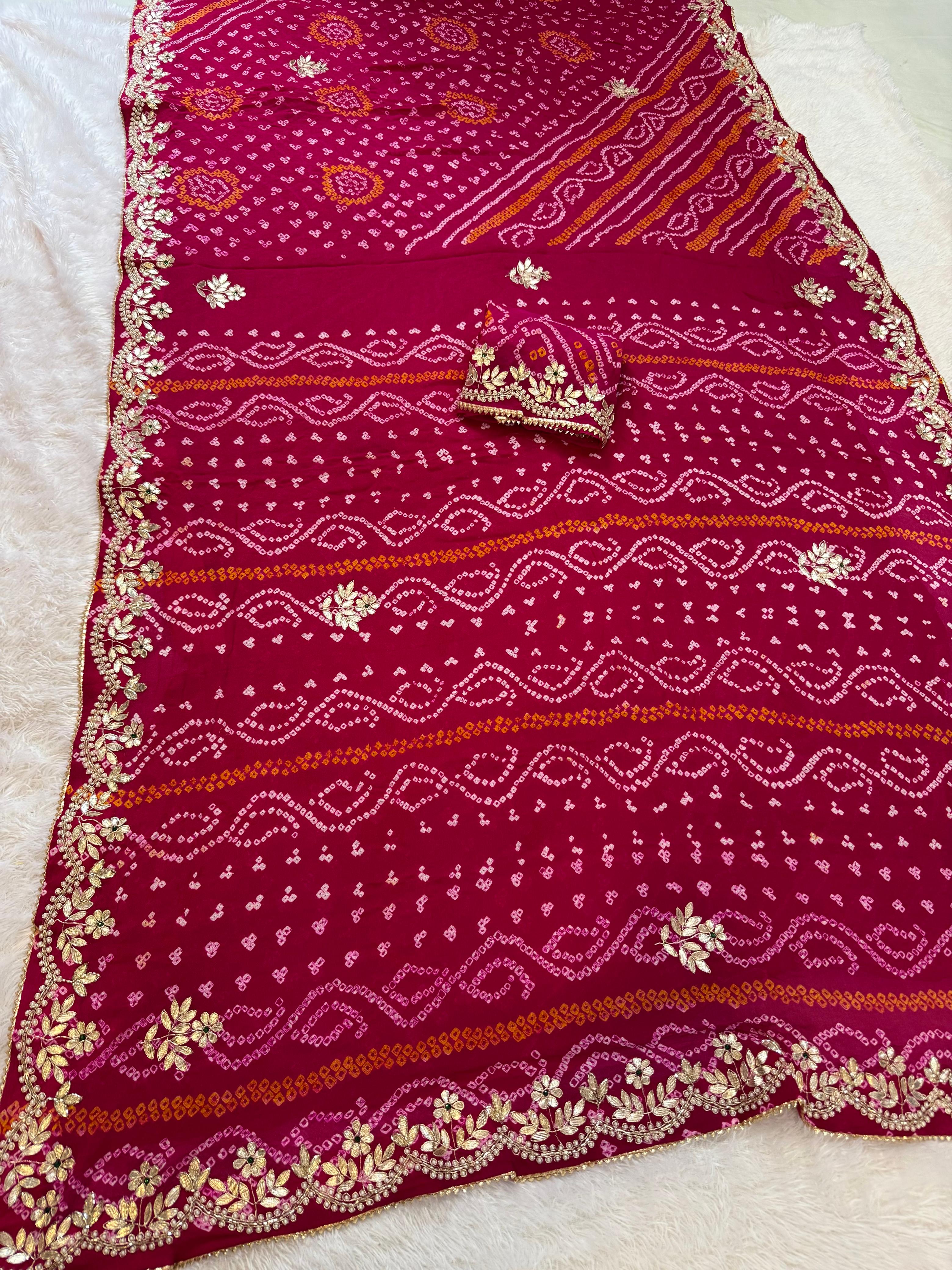 Beautiful Pure Ojariya Hand Bandhej Saree With Gottapatti X Handwork