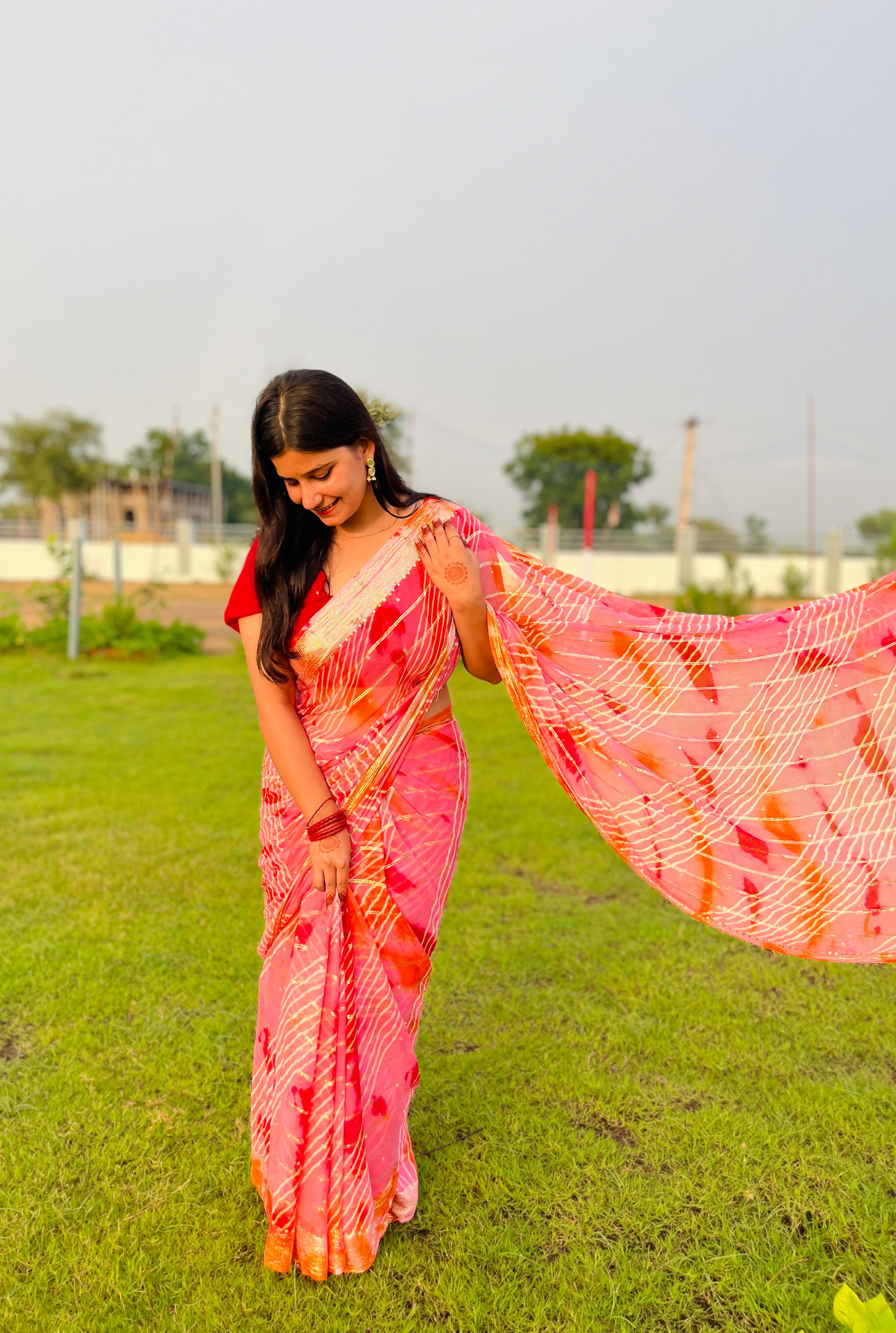 Designer Pure Chiffon Lahriya Saree With Handwork