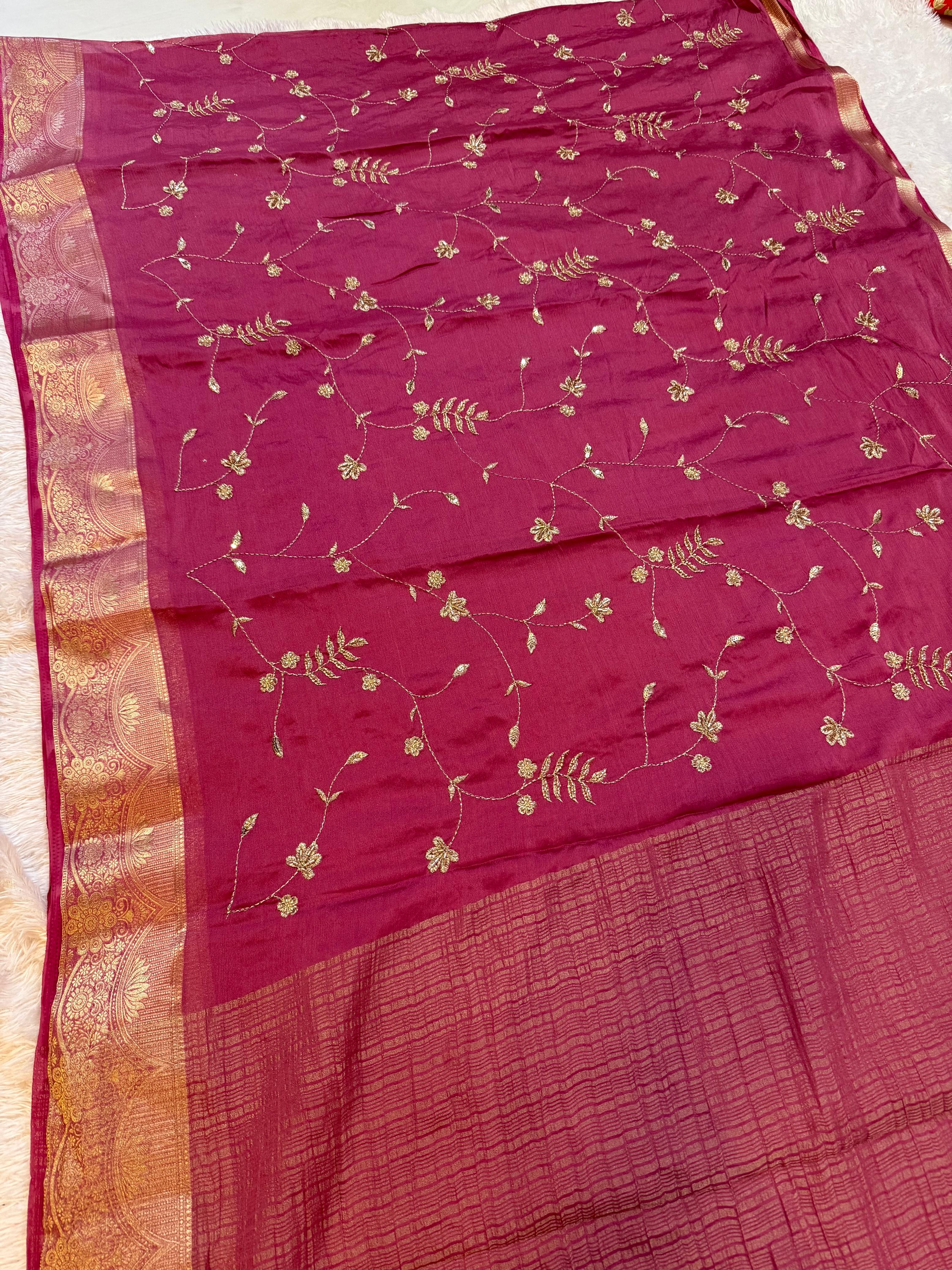 Beautiful Semi Chinon Saree With Zari Work