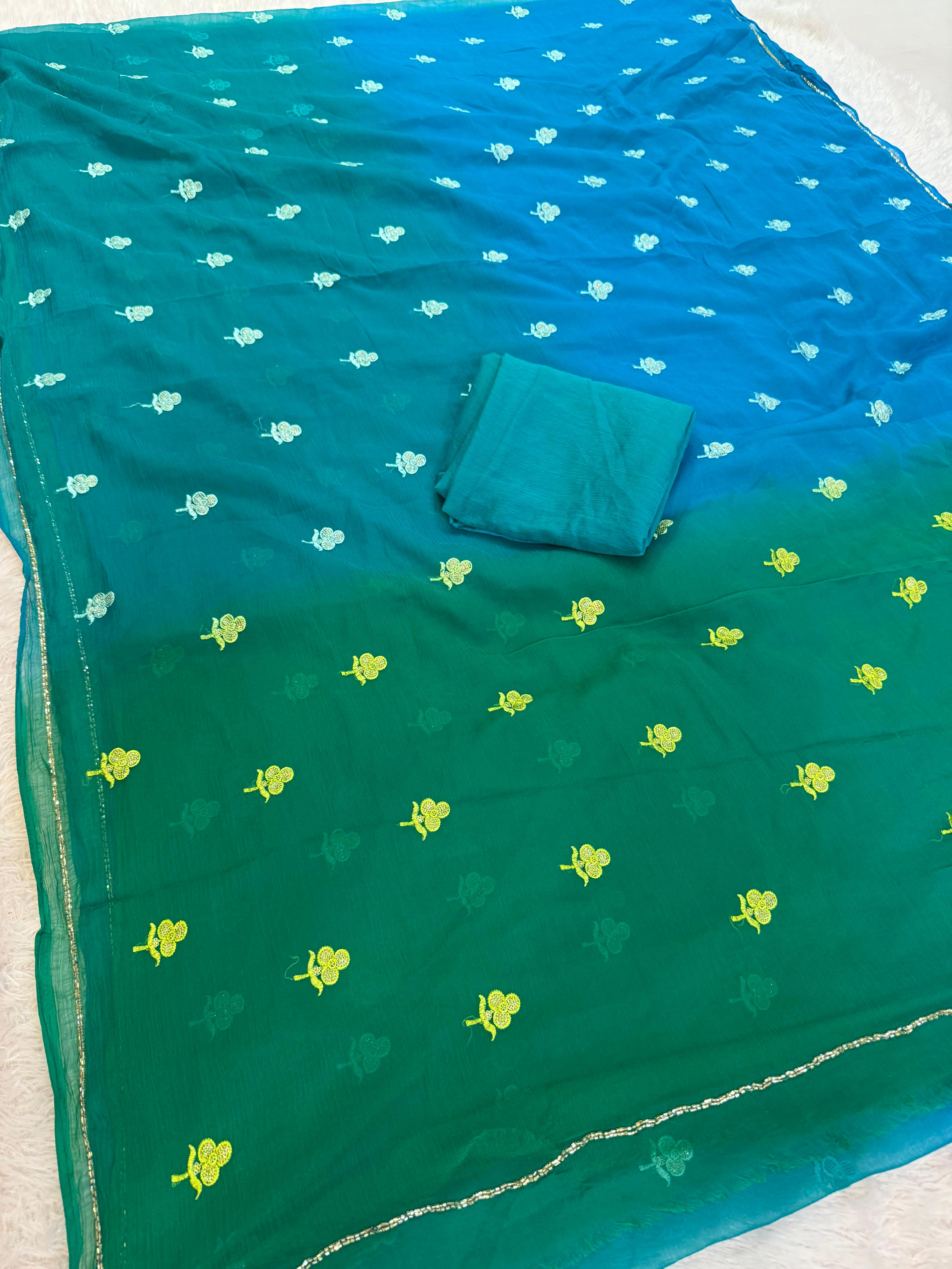 Designer Semi Chiffon Multi Dye Saree With Handwork