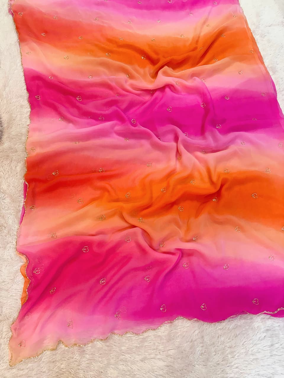 Designer Semi Chiffon Multi Colour Saree with Gold Butti Work