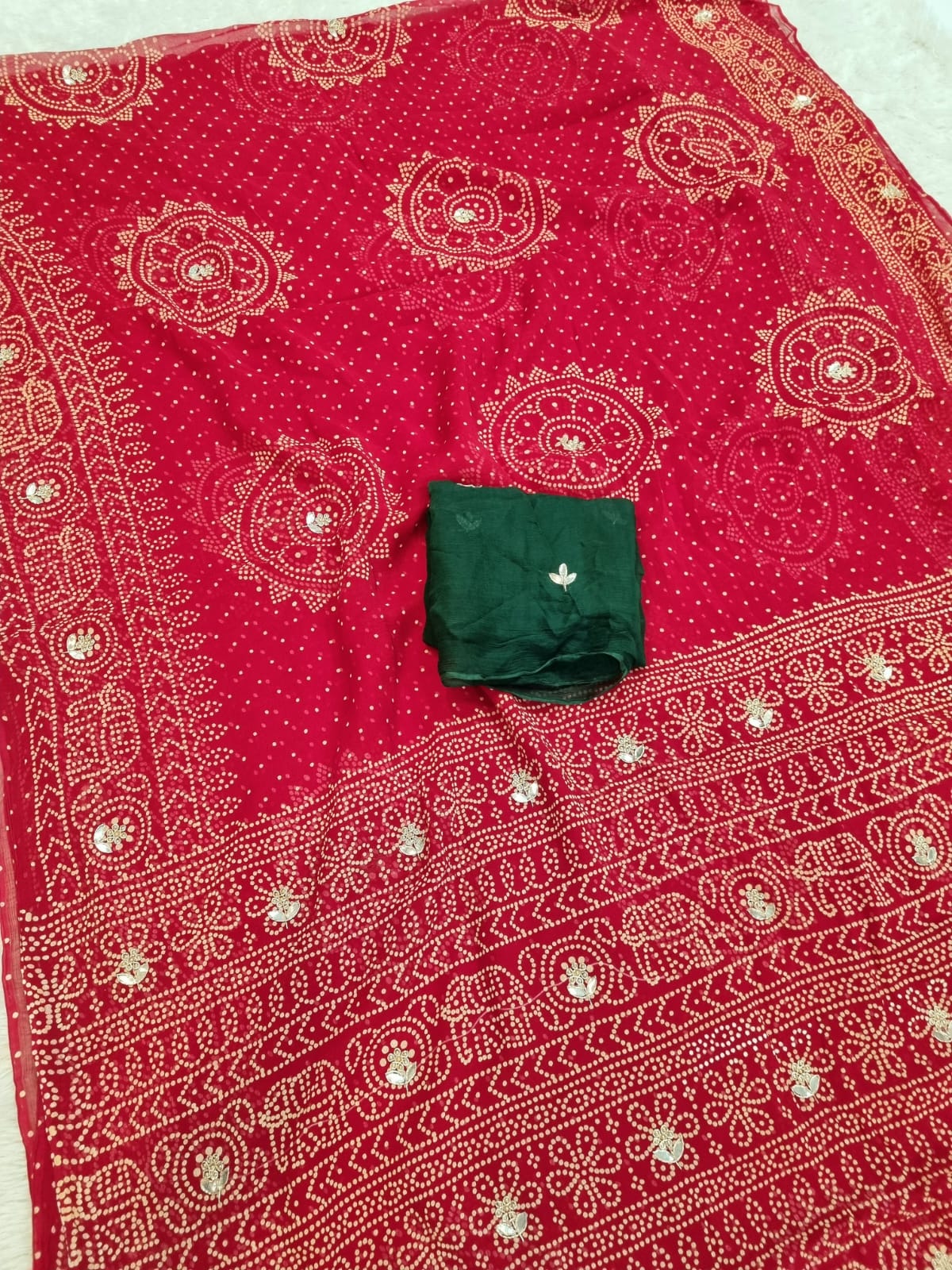 Traditional Bandhani Semi Chiffon Saree With Handwork