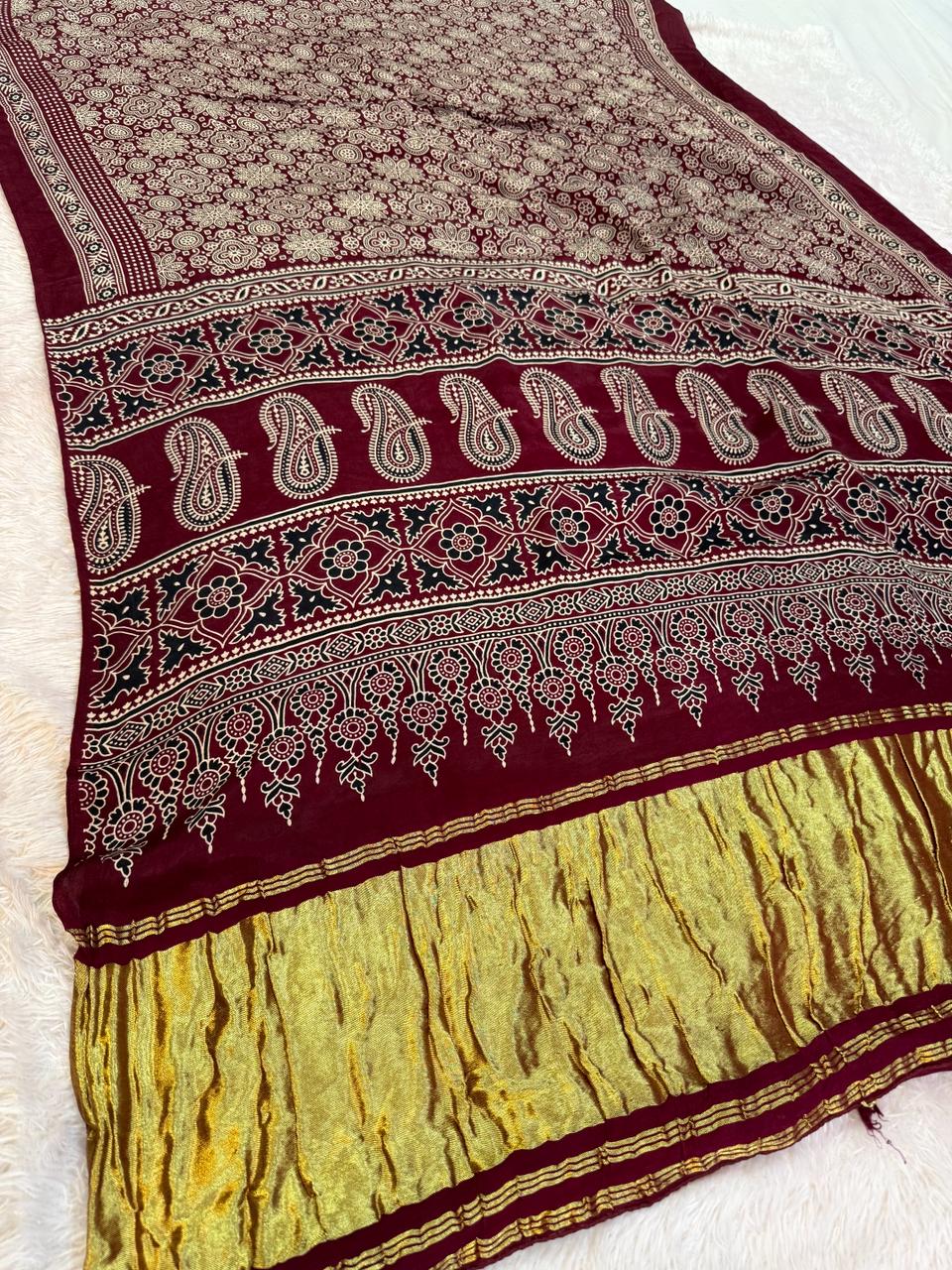 Latest Modal Silk Saree With Jaipuri Print X Ajrakh Print