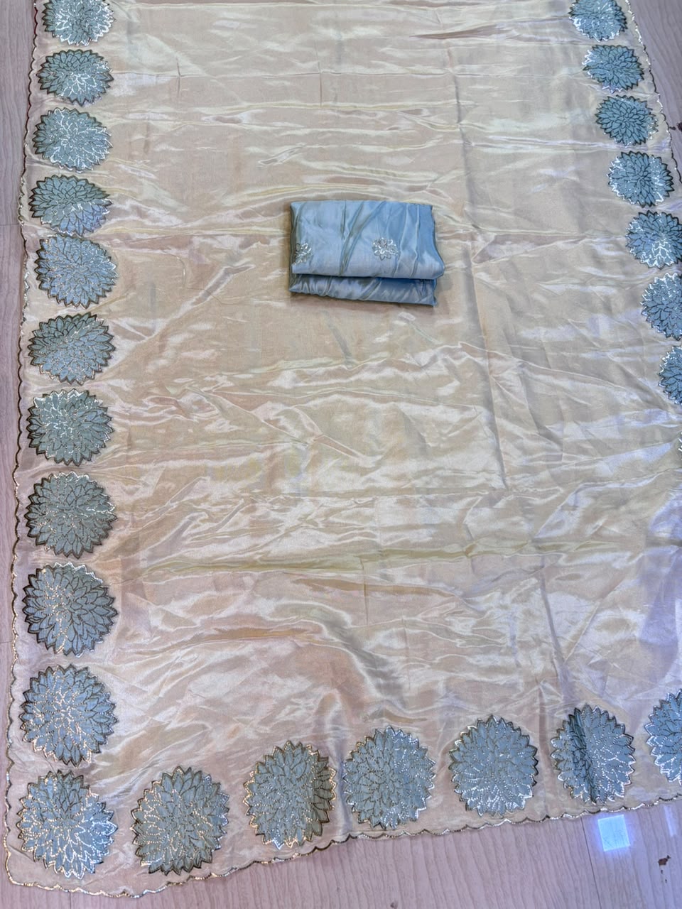 Golden Butter Tissue Saree with Silver Floral Cutwork Border