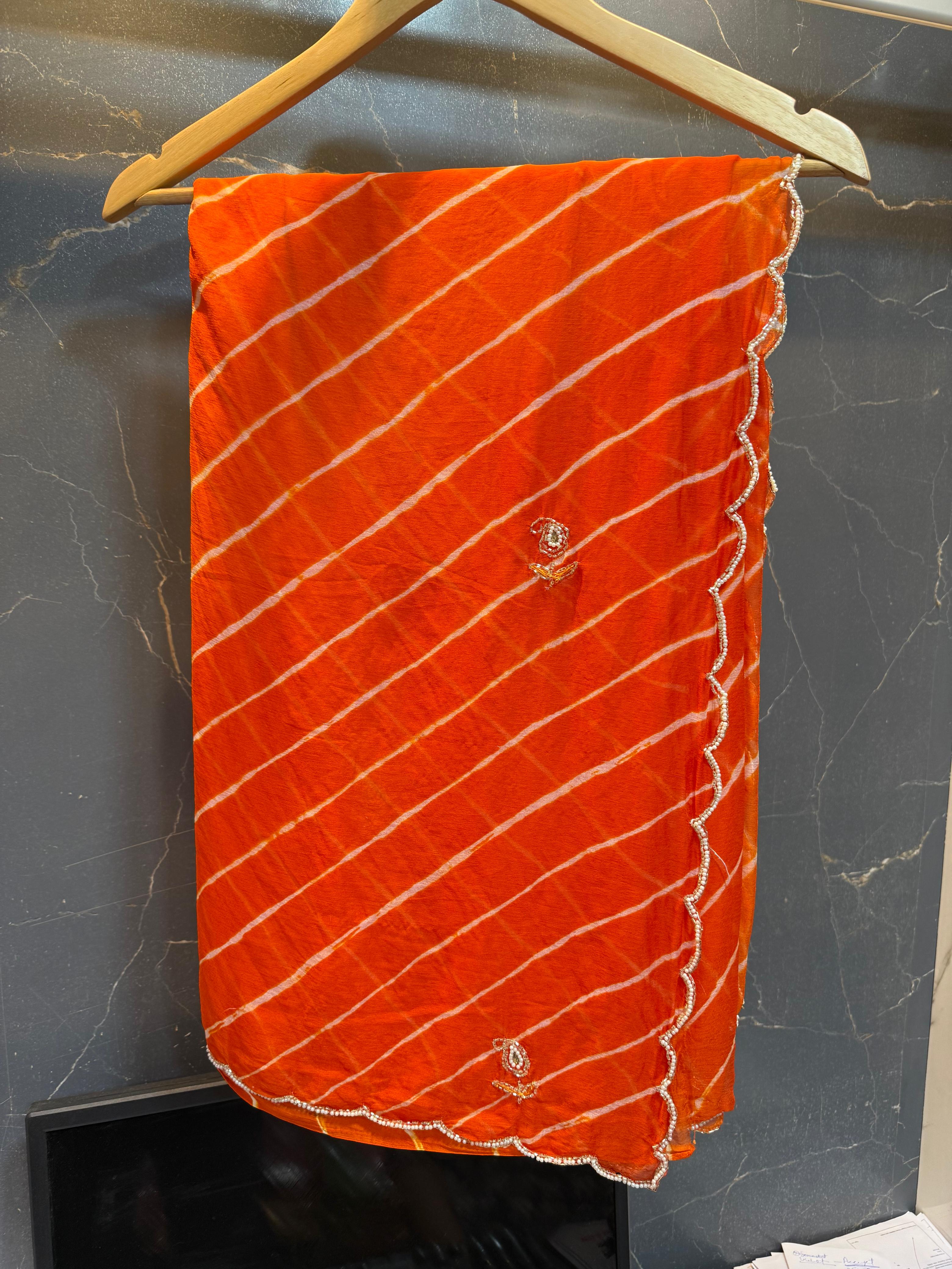 Beautiful Leheriya Hand Dye Saree With Handwork