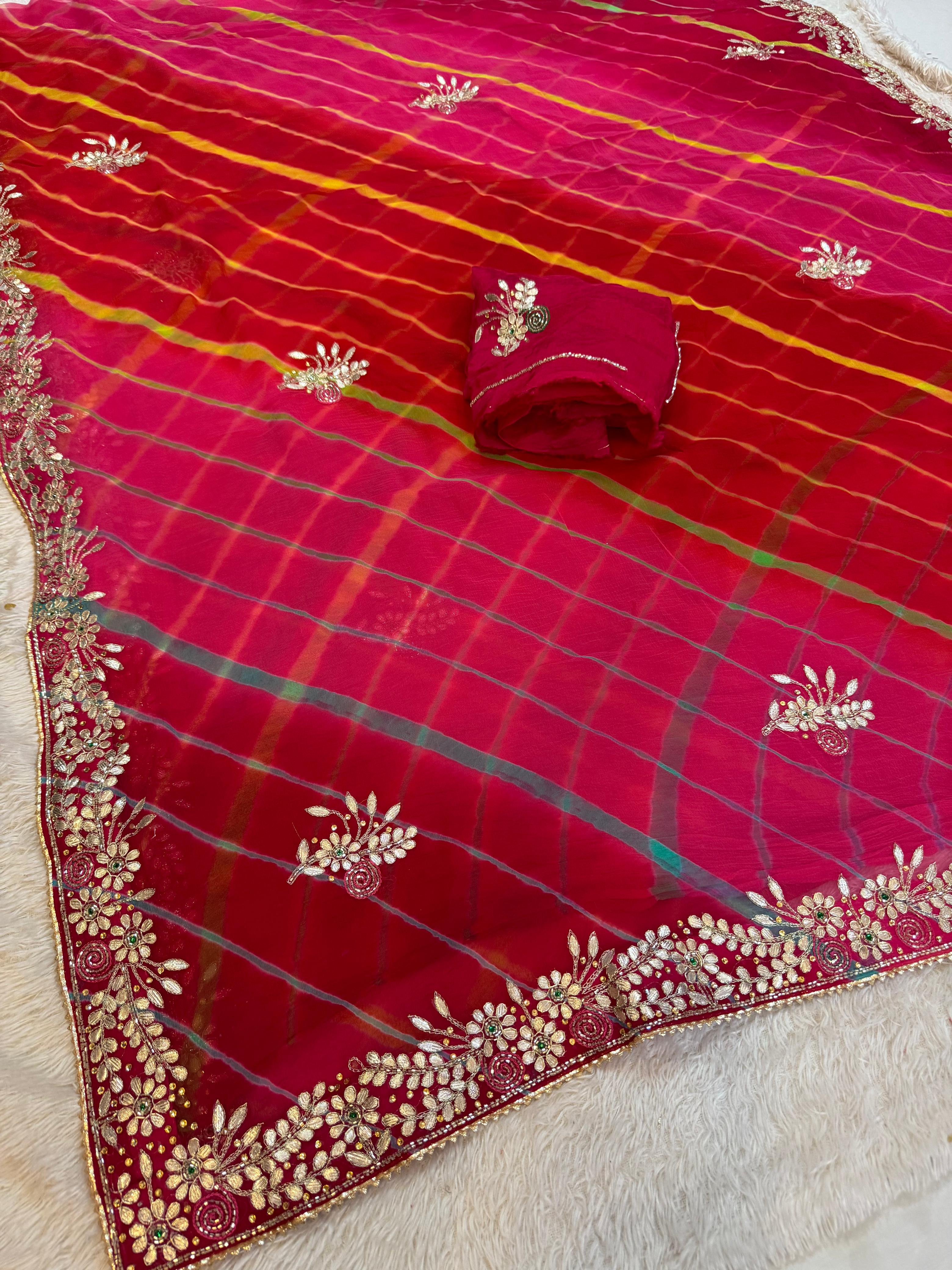 Beautiful Leheriya Pure Chiffon Saree With Handwork