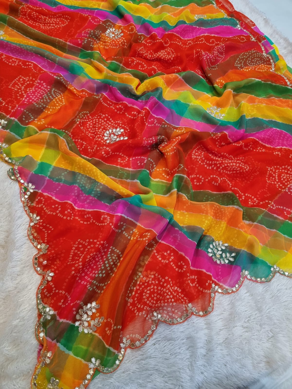 Beautiful Georgatte Weight Less Febric Lahriya Saree With Handwork