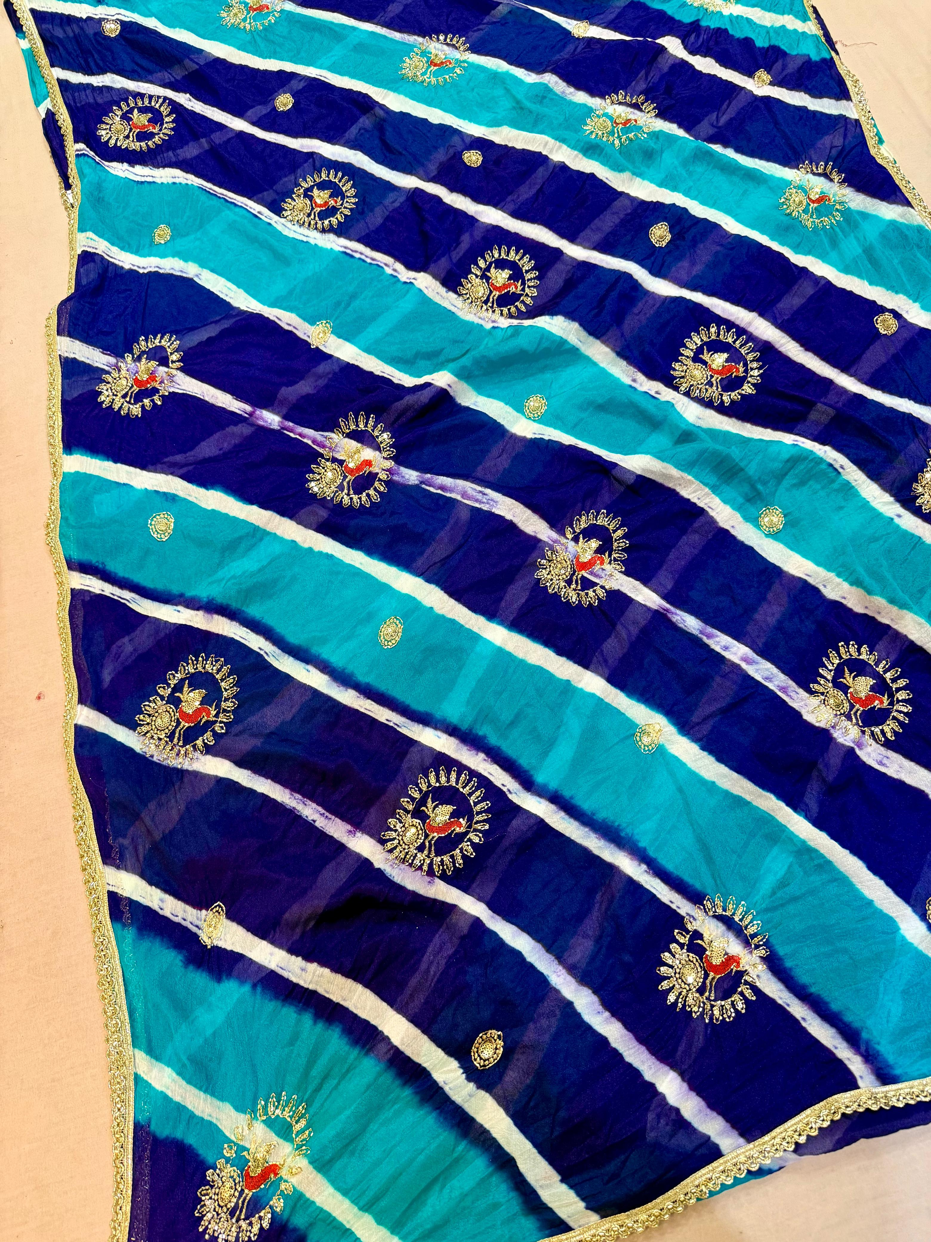 Latest Semi Chinon Leheriya Saree With Handwork