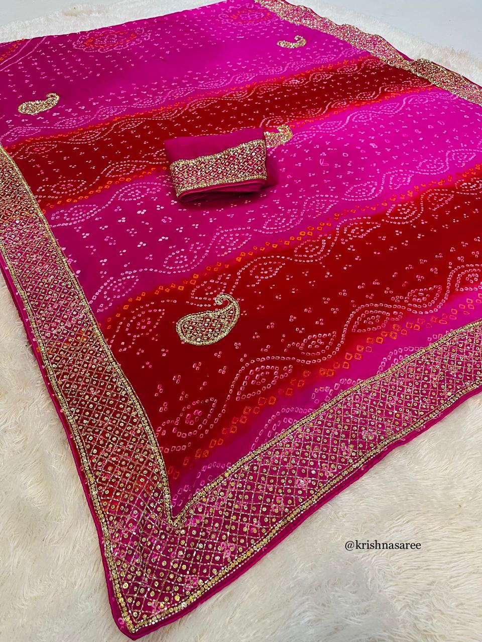 Pure Ojariya Hand Bandhej Saree With Premium Handwork