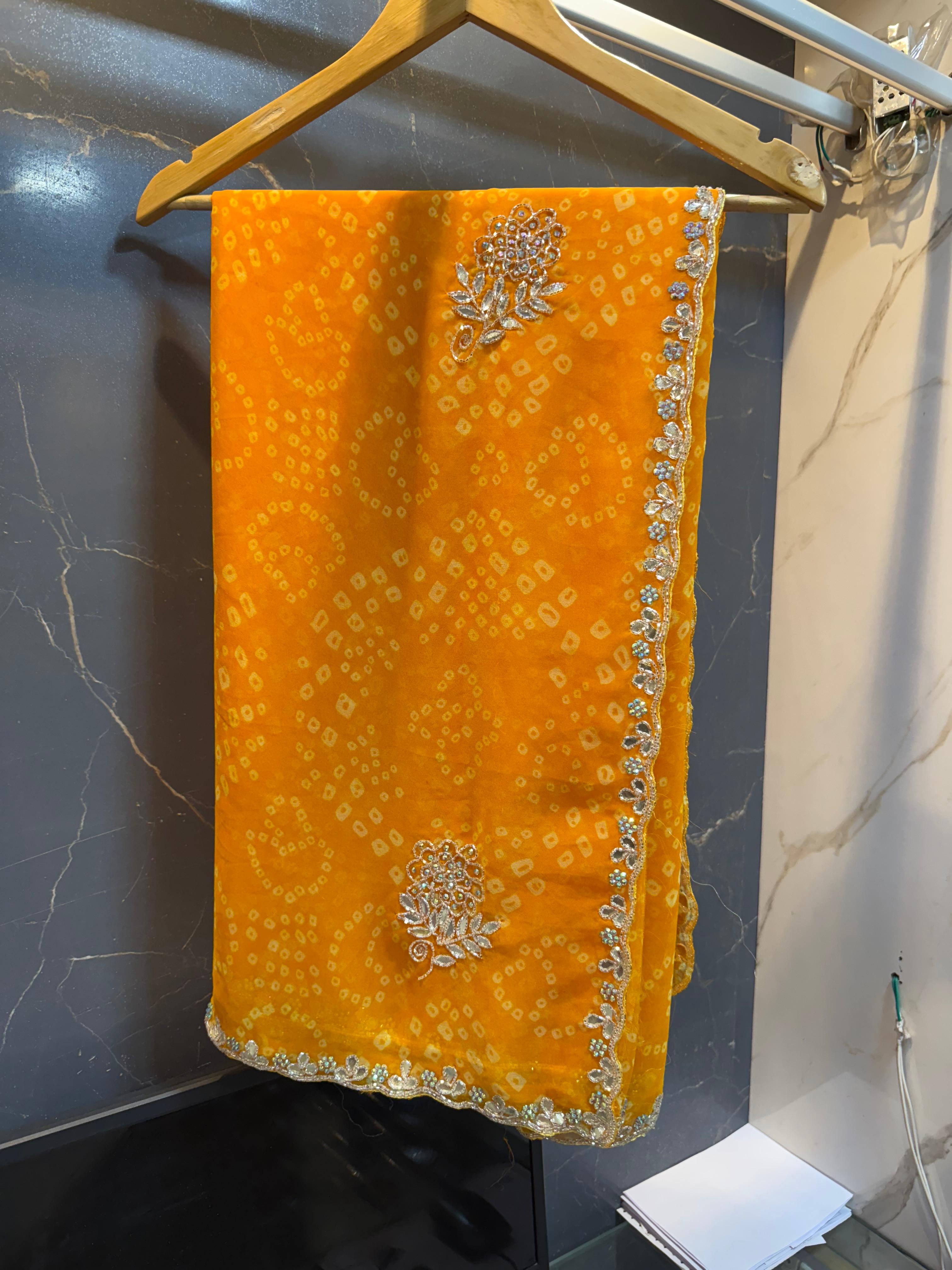 Beautiful Weightless Georgatte  Bandhani  saree With Handwork