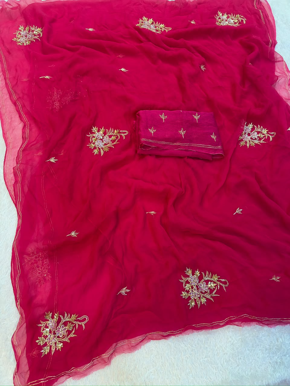 Beautiful Pure Chiffon Saree With Handwork