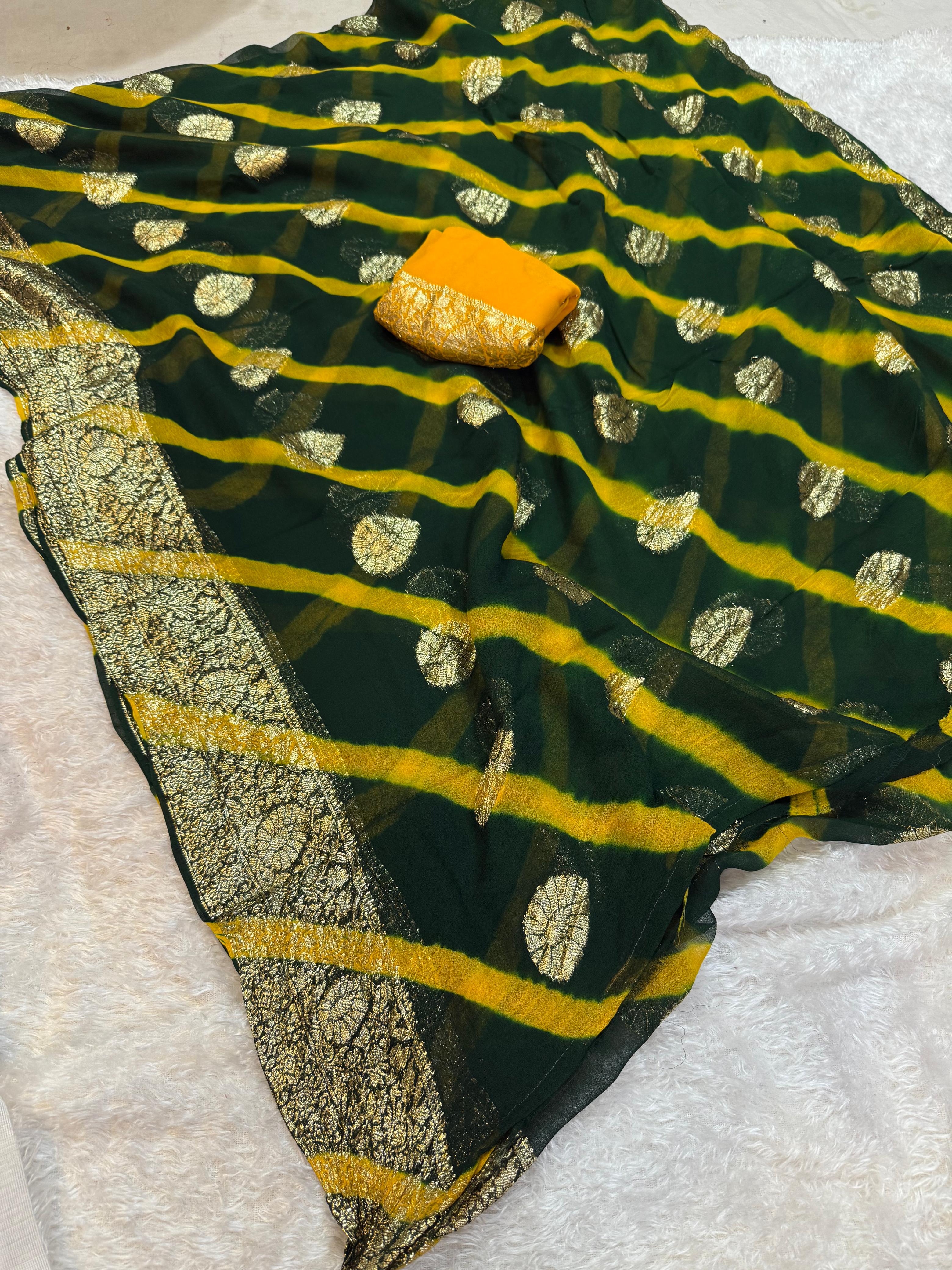 Pure Viscos Georgatte Hand Dye Hand Lahriya Saree With MX Jarri