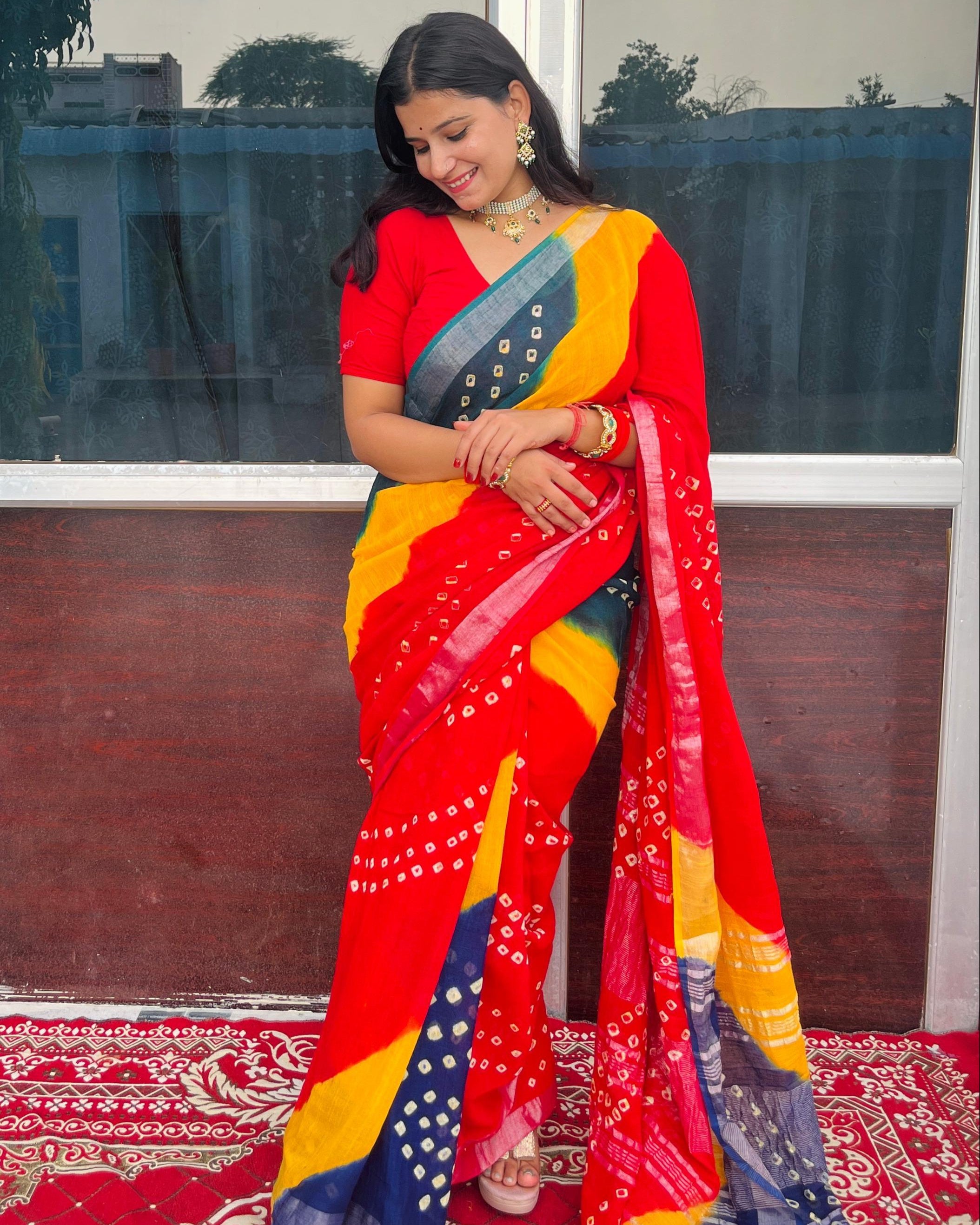 Linan Cotton Saree Hand Bandhej Jaipuri Design