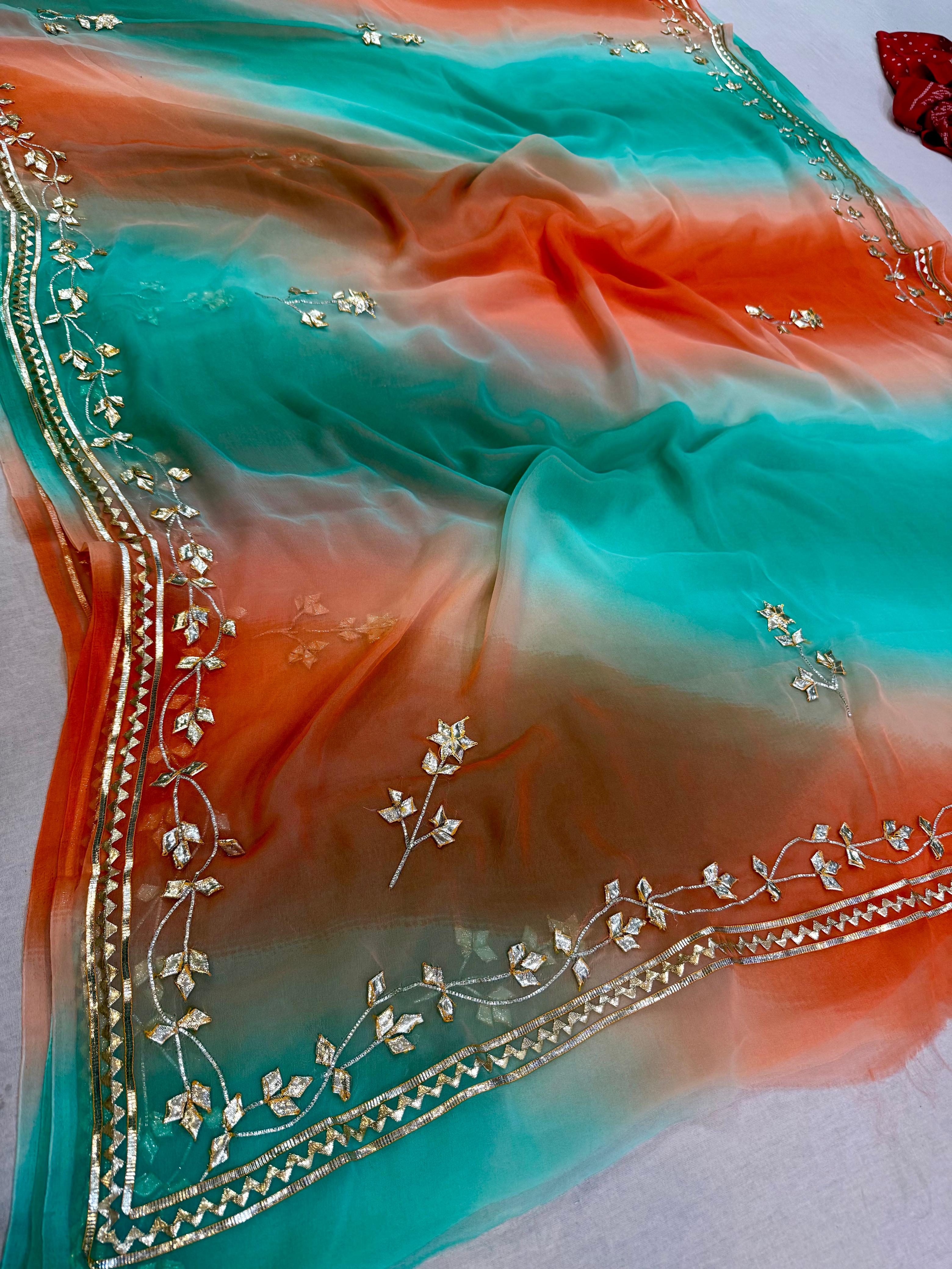 Beautiful Semi Chiffon Multi Dye Saree With Gottapatti Work