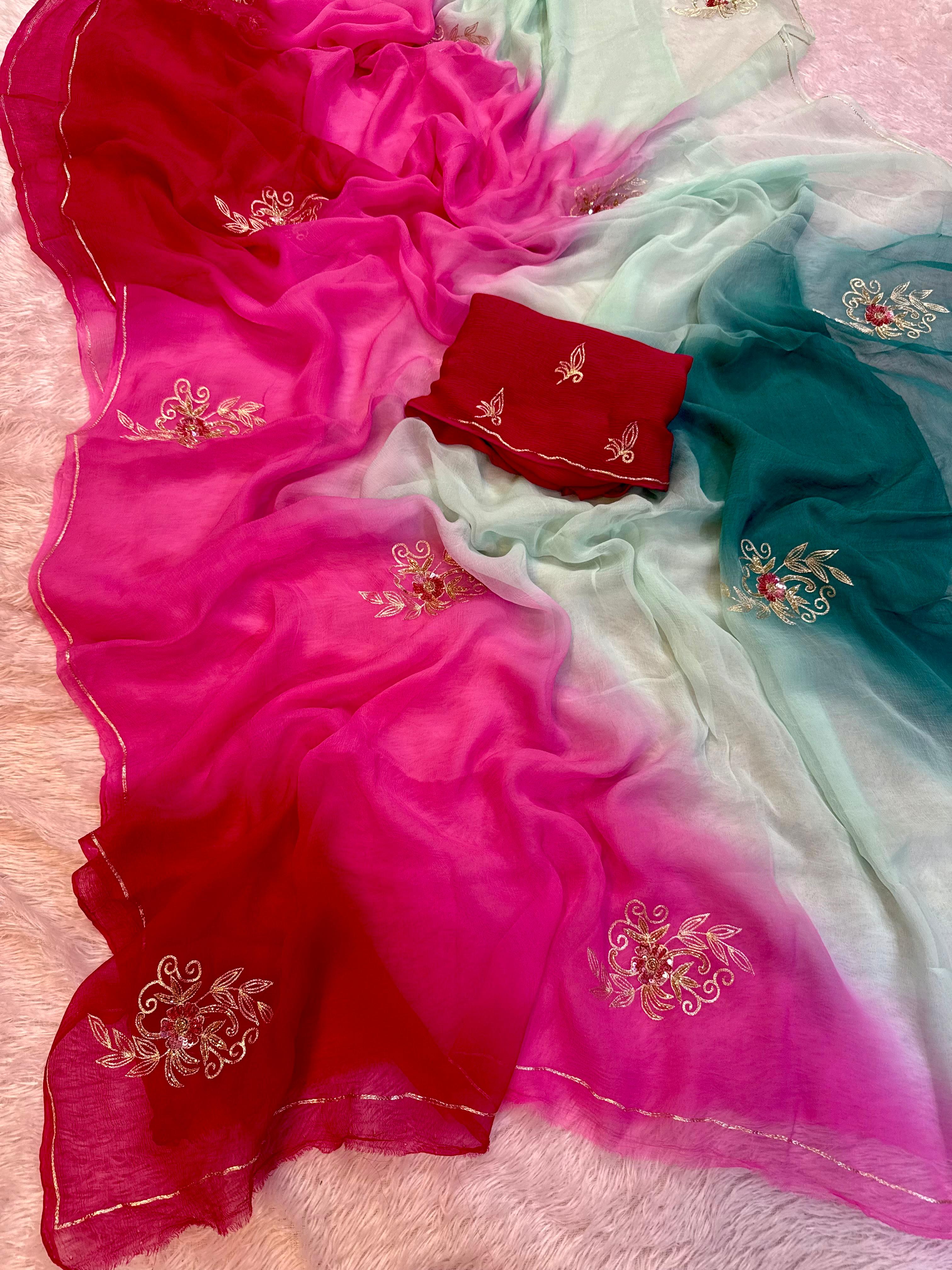 Rich Look  Pure Chiffon Saree With Handwork