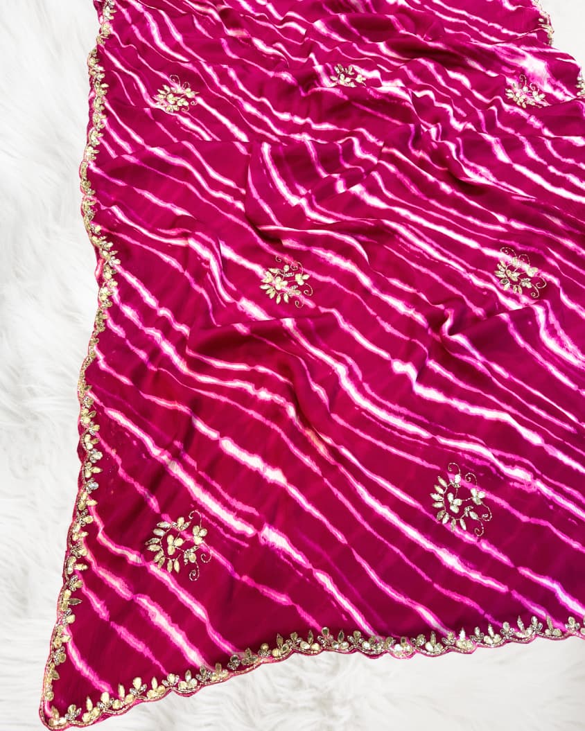 Beautiful Chiffon Leheriya Saree with Designer Lace Border
