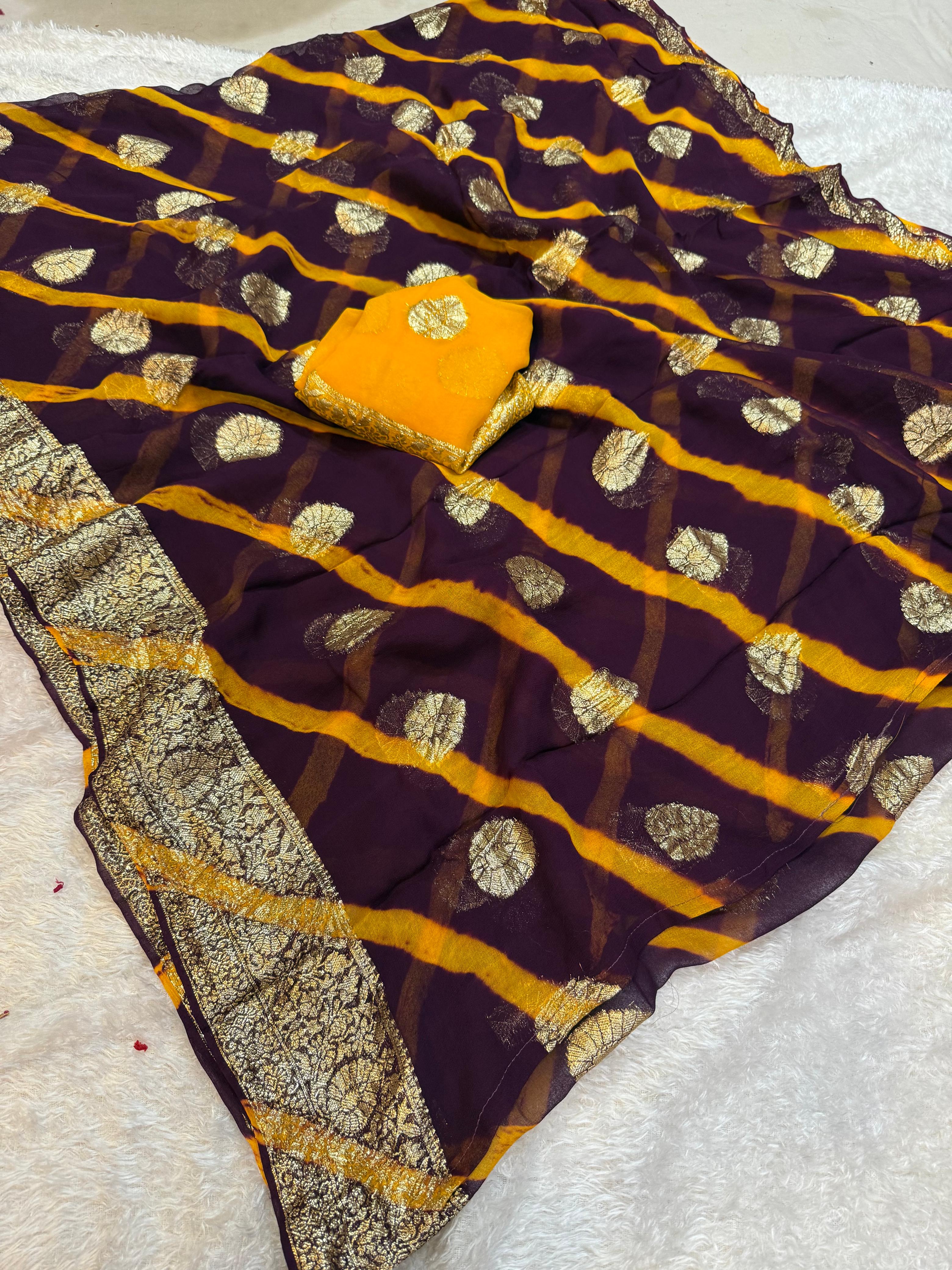Pure Viscos Georgatte Hand Dye Hand Lahriya Saree With MX Jarri