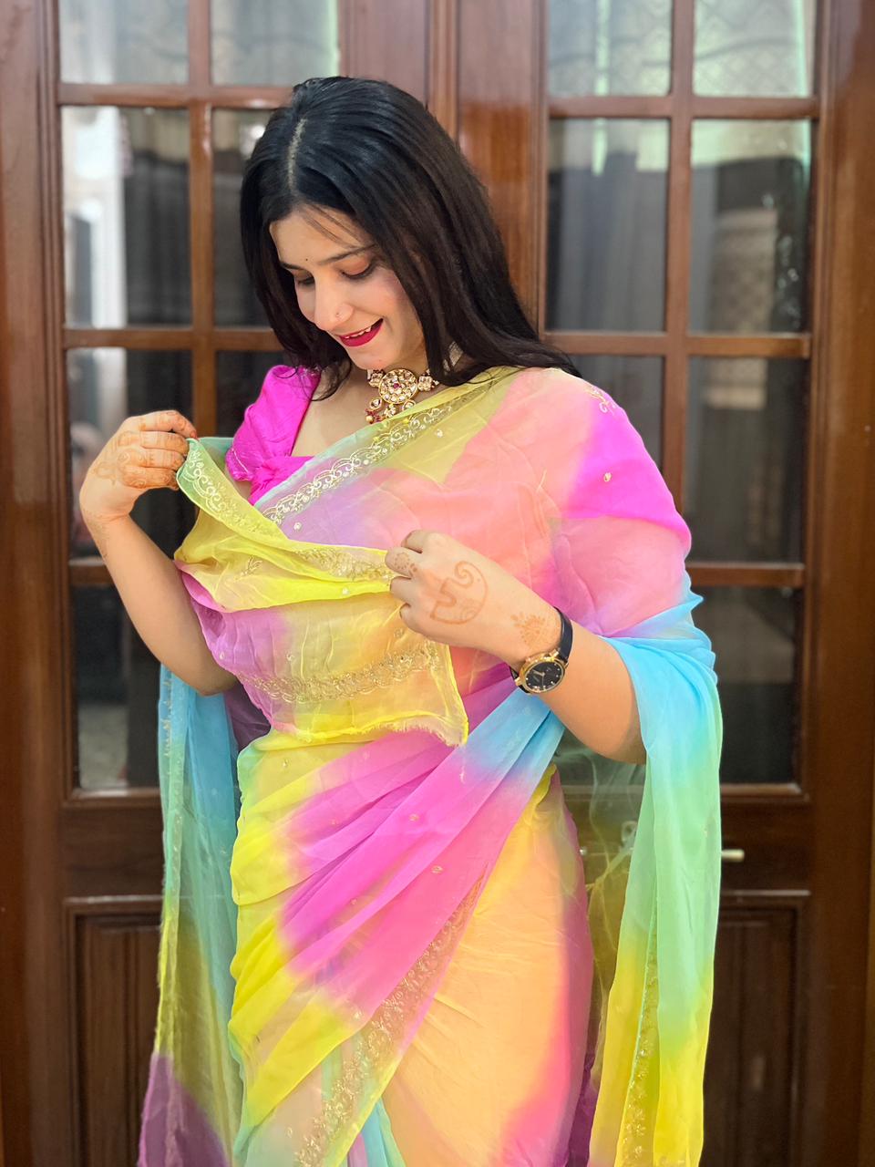 Designer Pure Chiffon  Samundari Leheriya Saree With Handwork