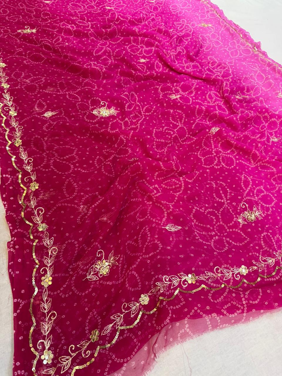 Beautiful Semi Chiffon Bandhani Saree With Handwork