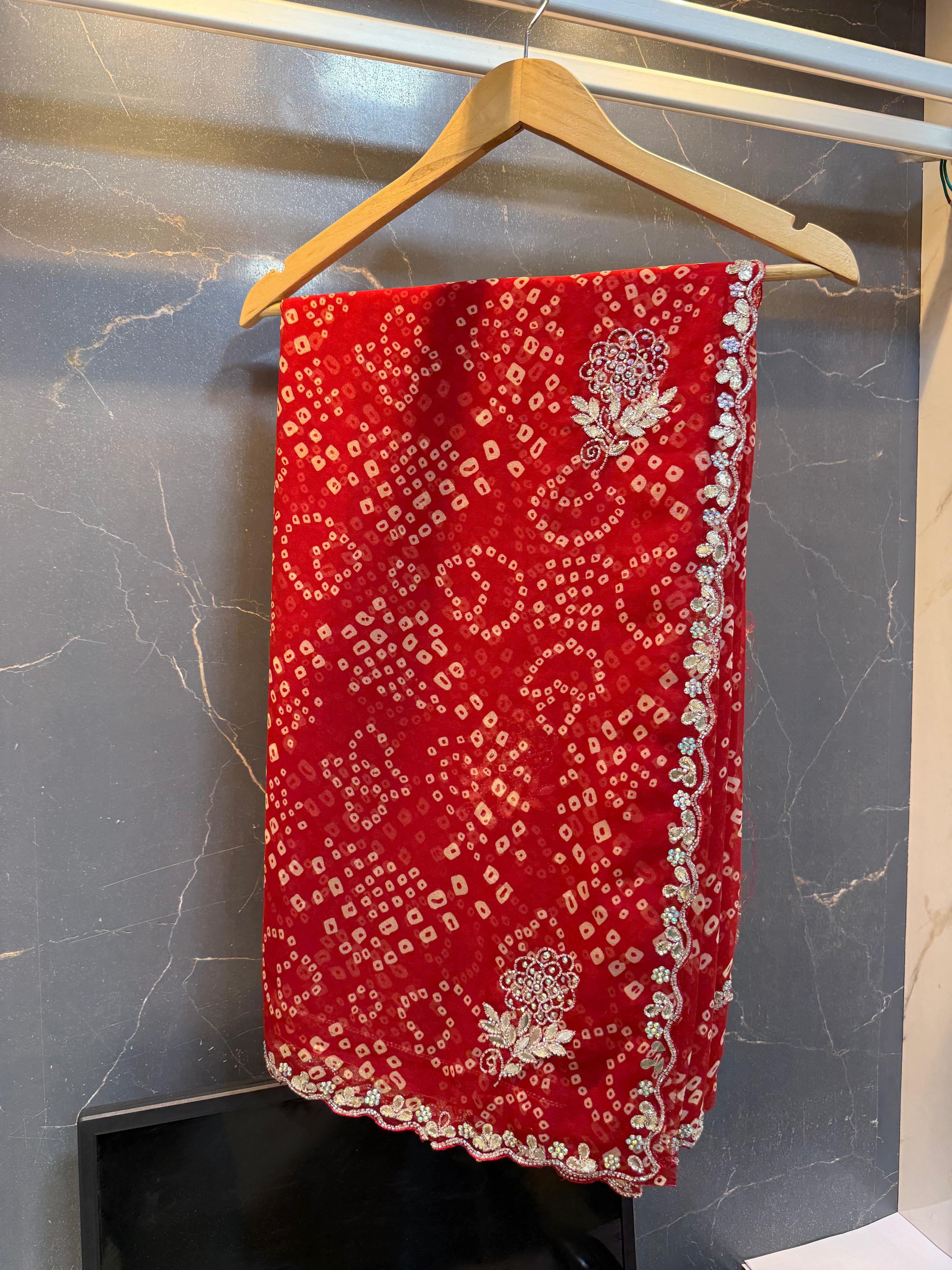 Beautiful Weightless Georgatte  Bandhani  saree With Handwork