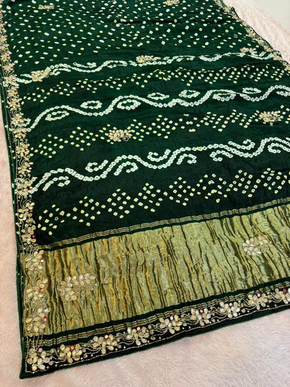 Beautiful Modal Silk Hand Bandhej Saree With Handwork