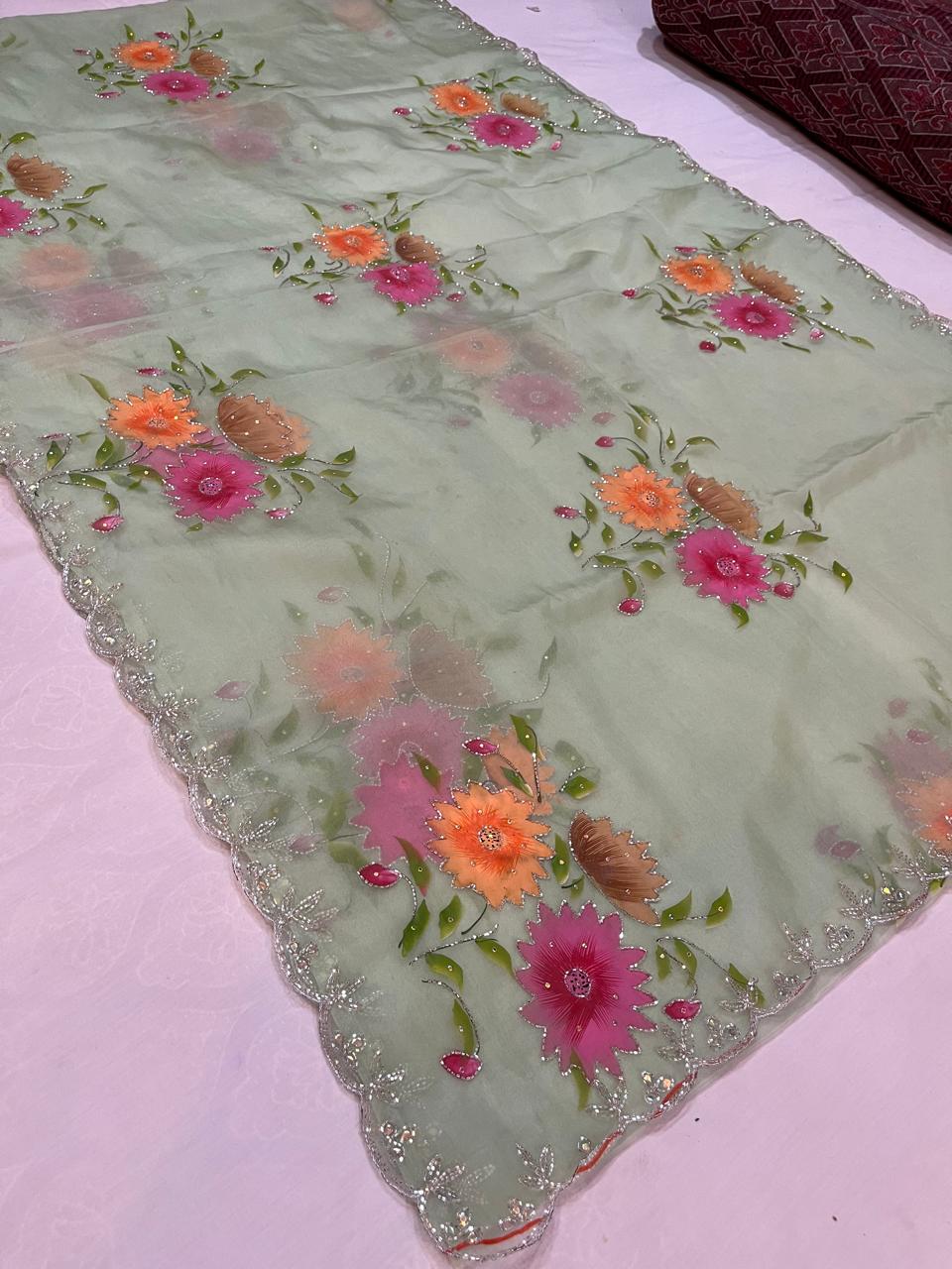 Organza Brush Paint Saree With Handwork Touching