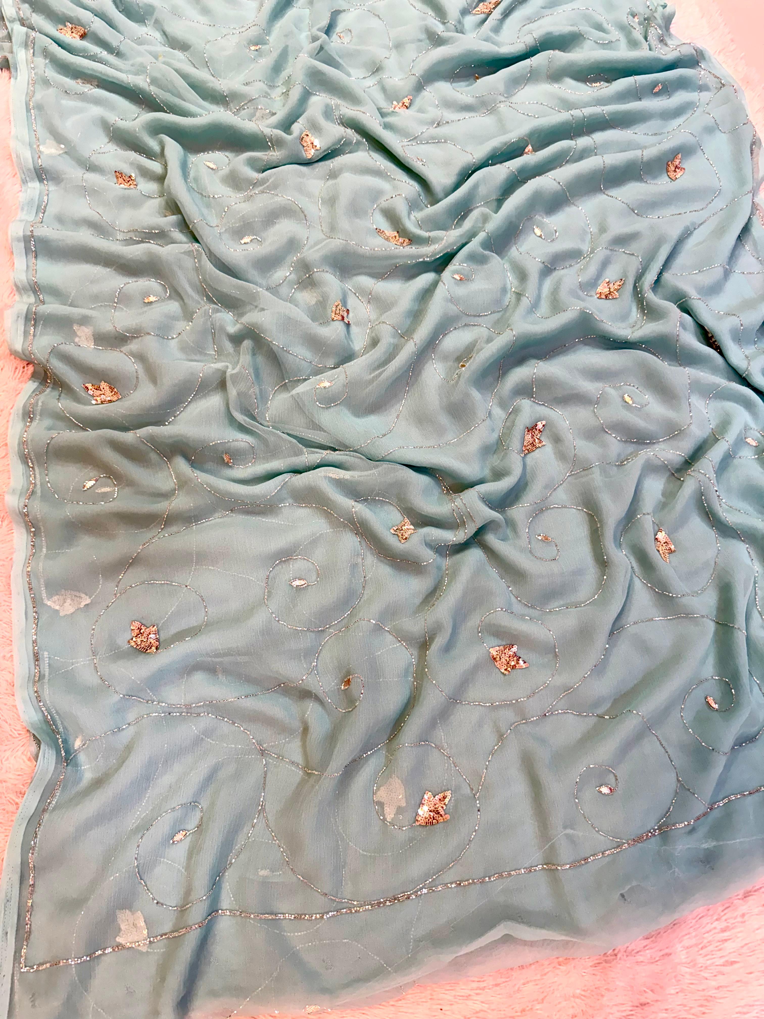 Beautiful Semi Chiffon Saree With Handwork
