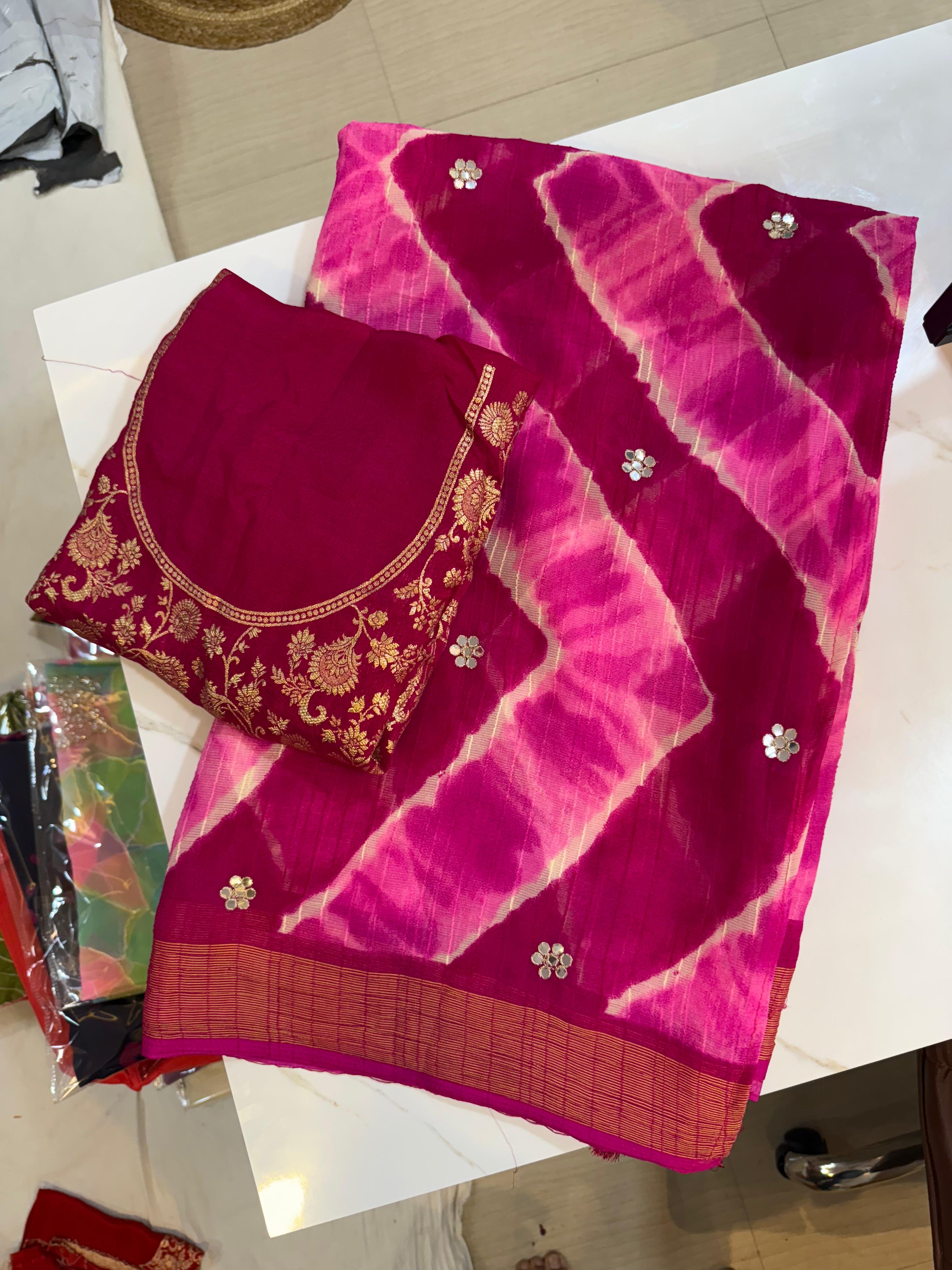 Beautiful Fancy KOTA Linan Lahriya Saree With Handwork