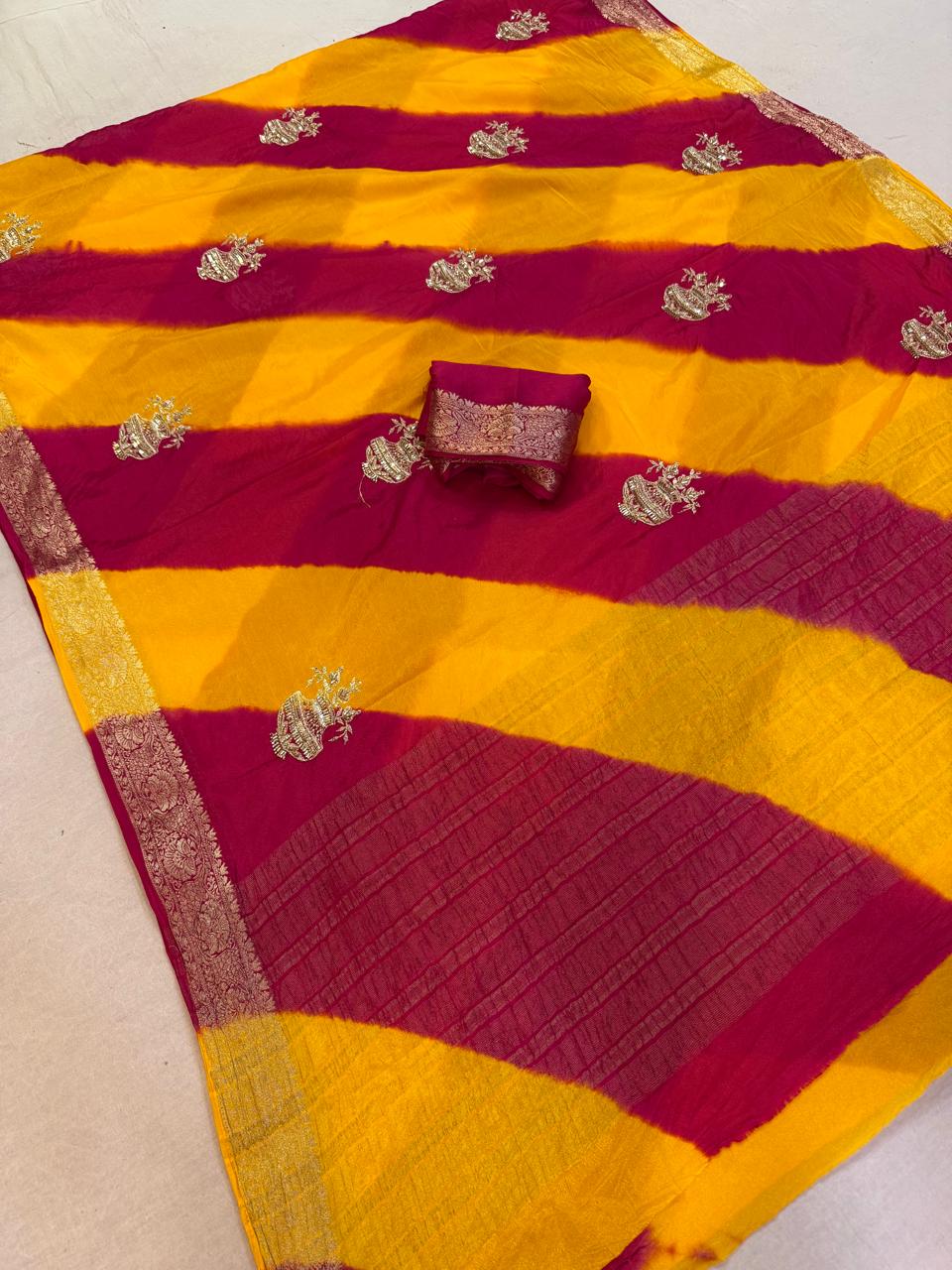 Designer Semi Chinon Saree With Handwork