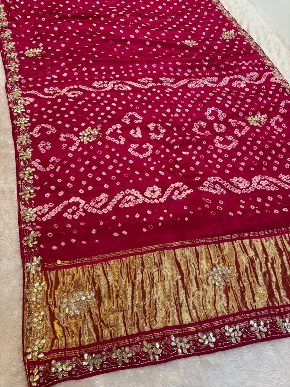 Beautiful Modal Silk Hand Bandhej Saree With Handwork