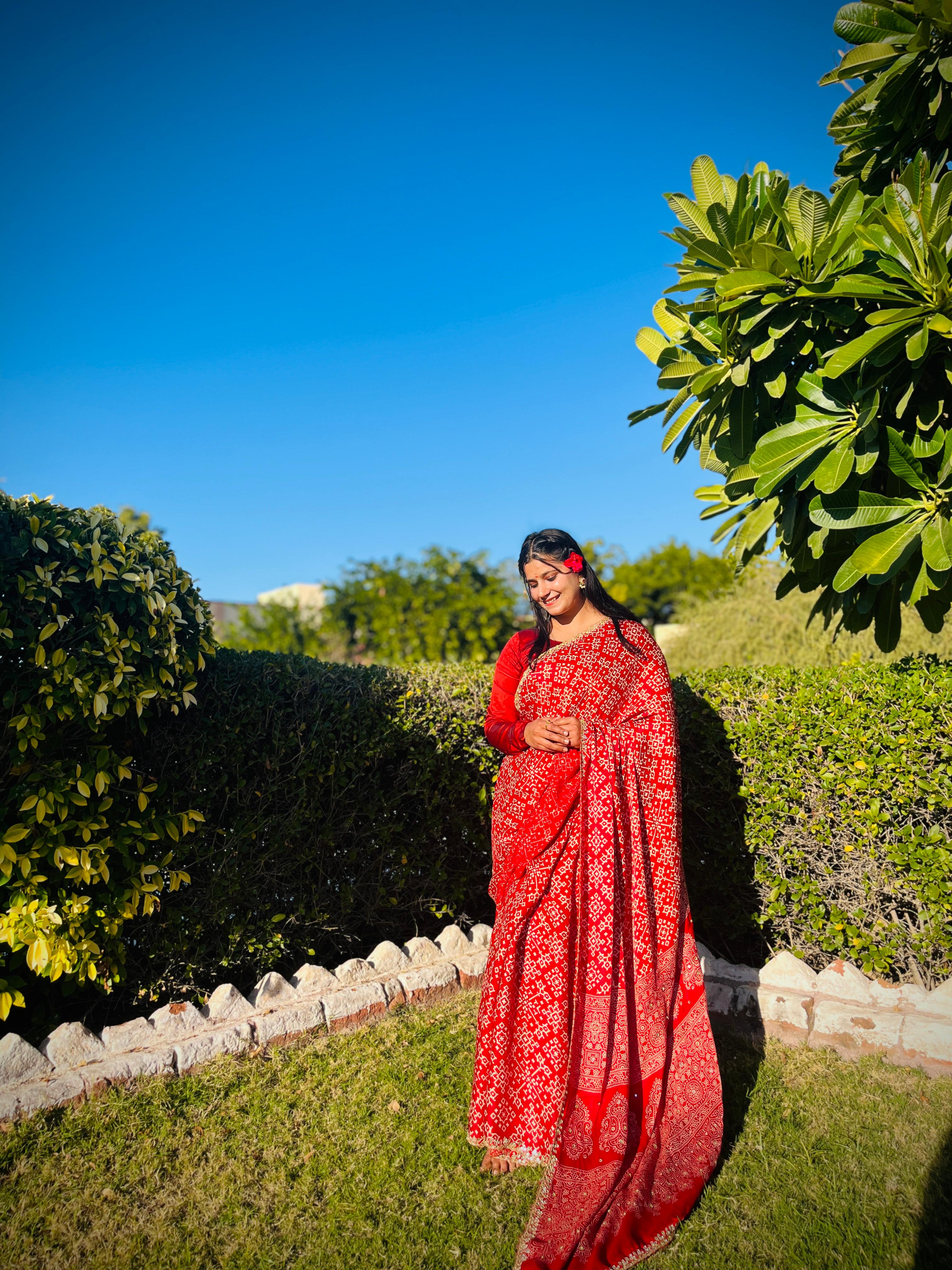 Modal Silk Saree With Jaipuri Print X Ajrakh Print