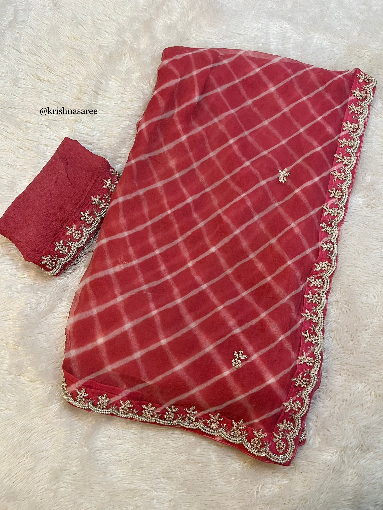 Beautiful Pure Chiffon Lahariya Saree With Handwork