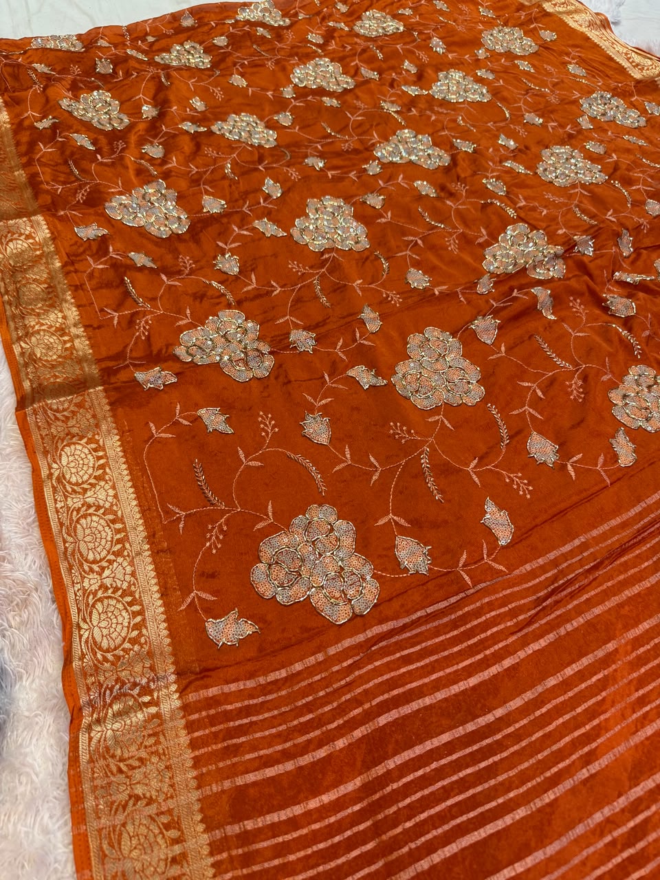 Designer Semi Chinon Saree With Fancy Work