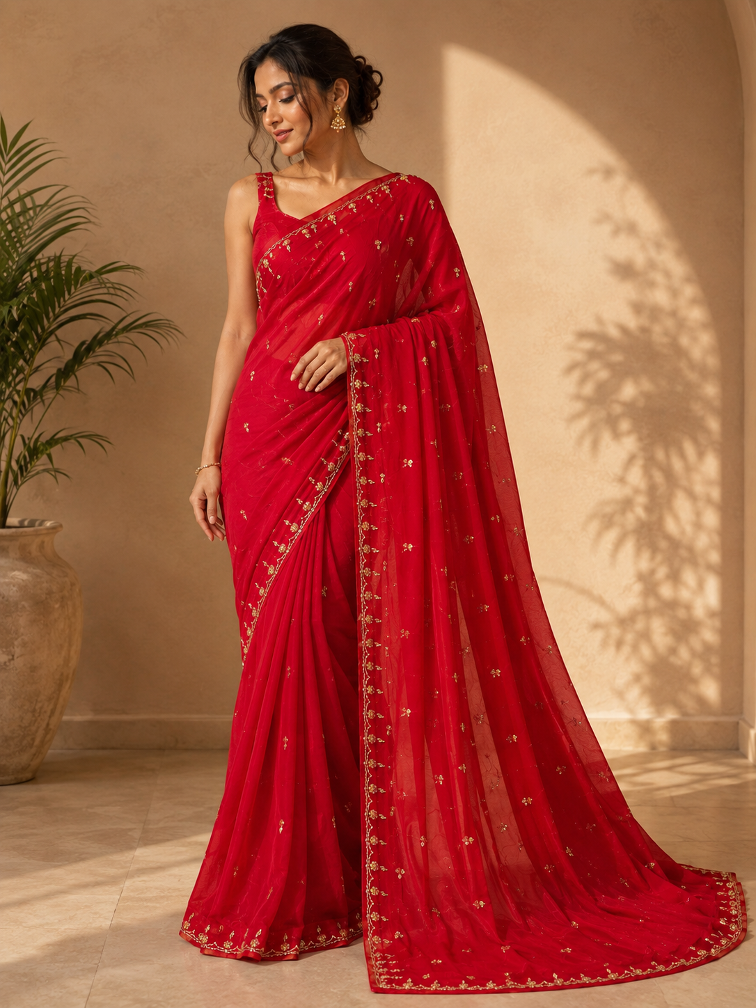 Beautiful royal Look Chiffon Saree With Handwork