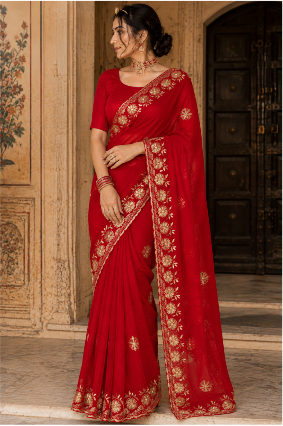 Beautiful Pure Chiffon Saree With Handwork