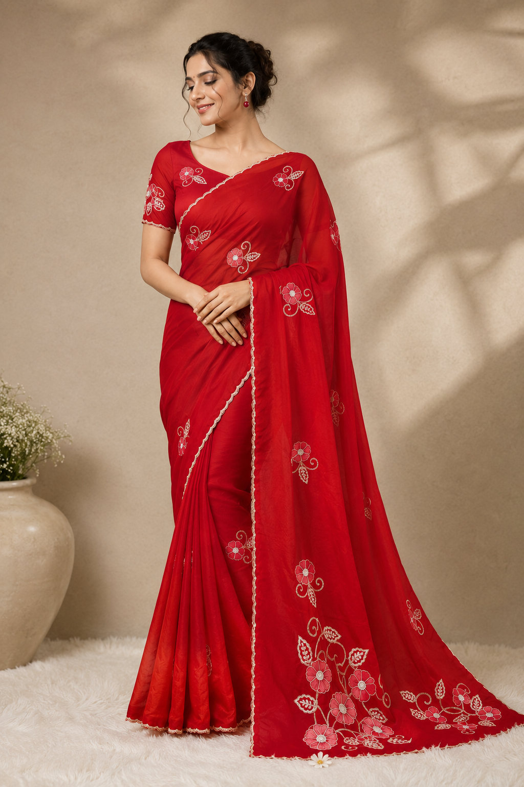 Pure H O Silk Saree With textured floral Handwork