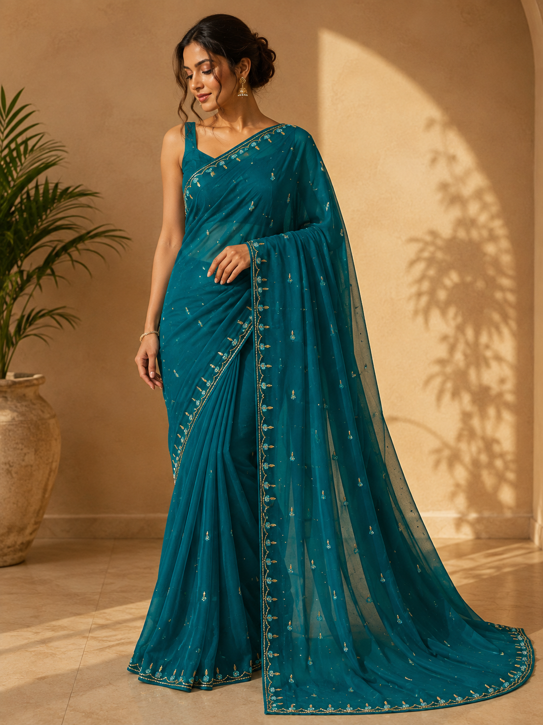 Beautiful royal Look Chiffon Saree With Handwork