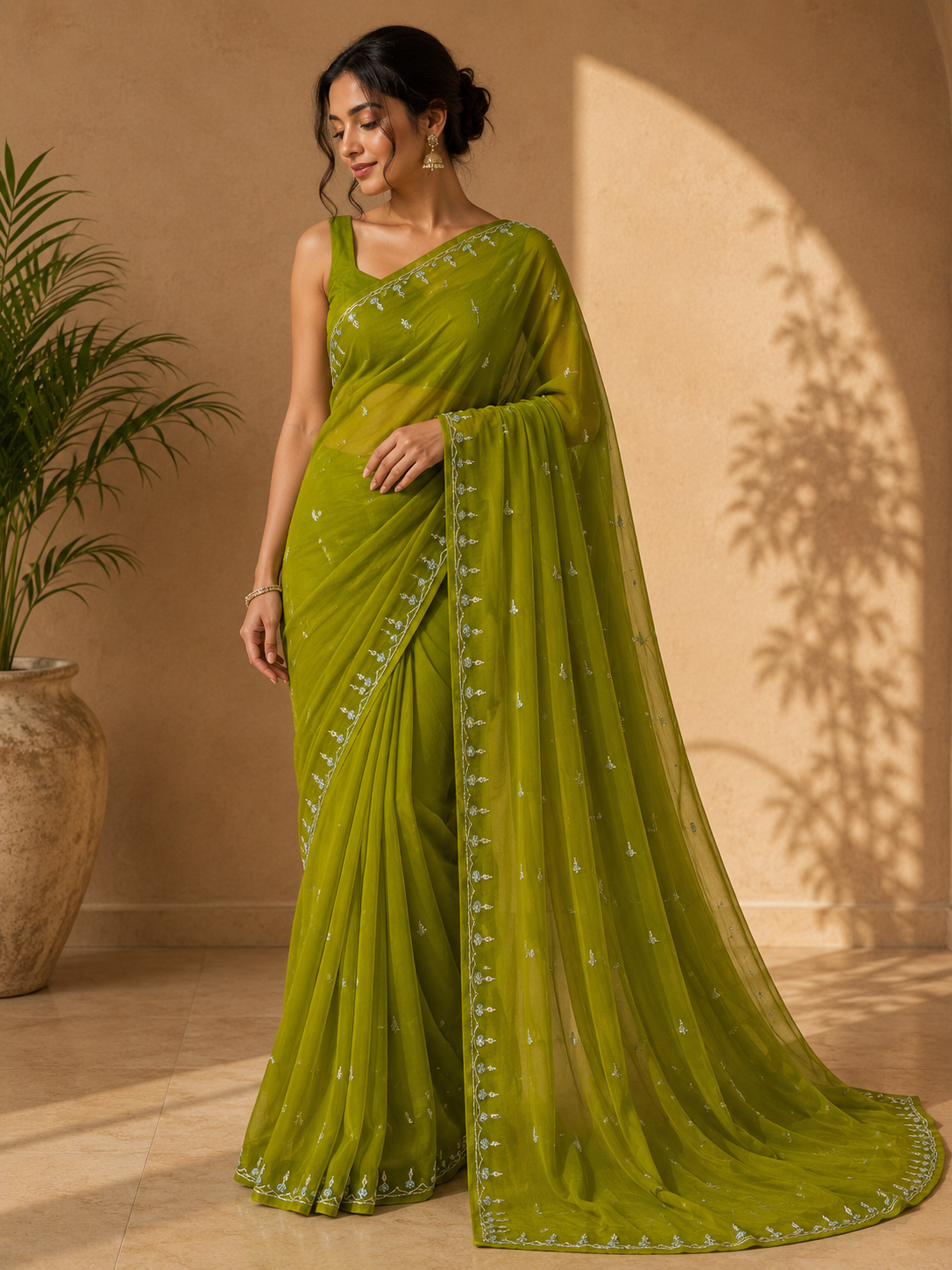 Beautiful royal Look Chiffon Saree With Handwork