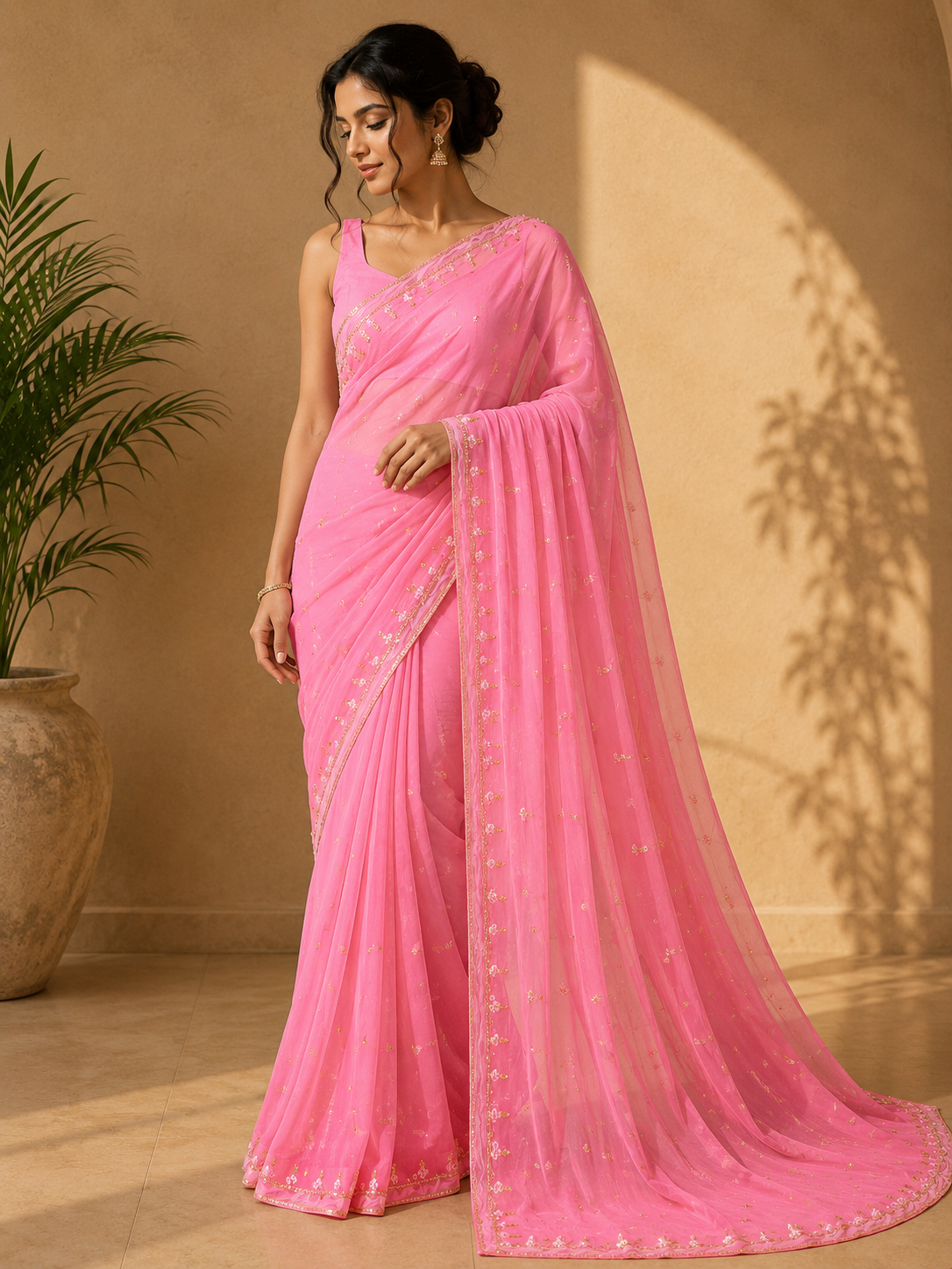 Beautiful royal Look Chiffon Saree With Handwork