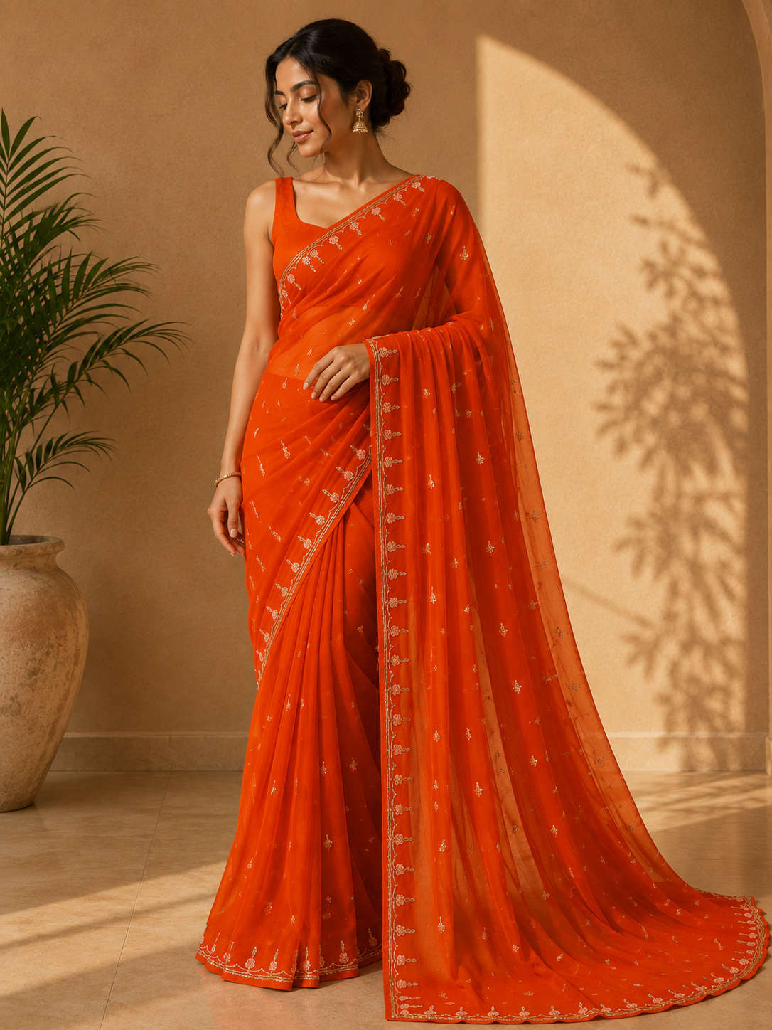 Beautiful royal Look Chiffon Saree With Handwork
