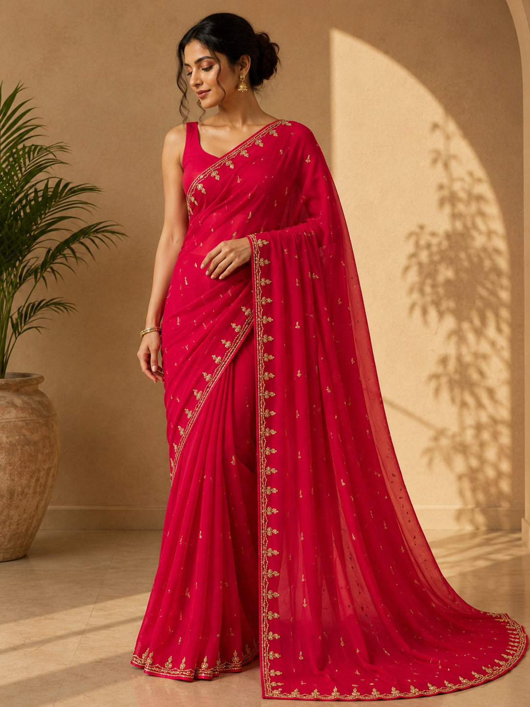 Beautiful royal Look Chiffon Saree With Handwork