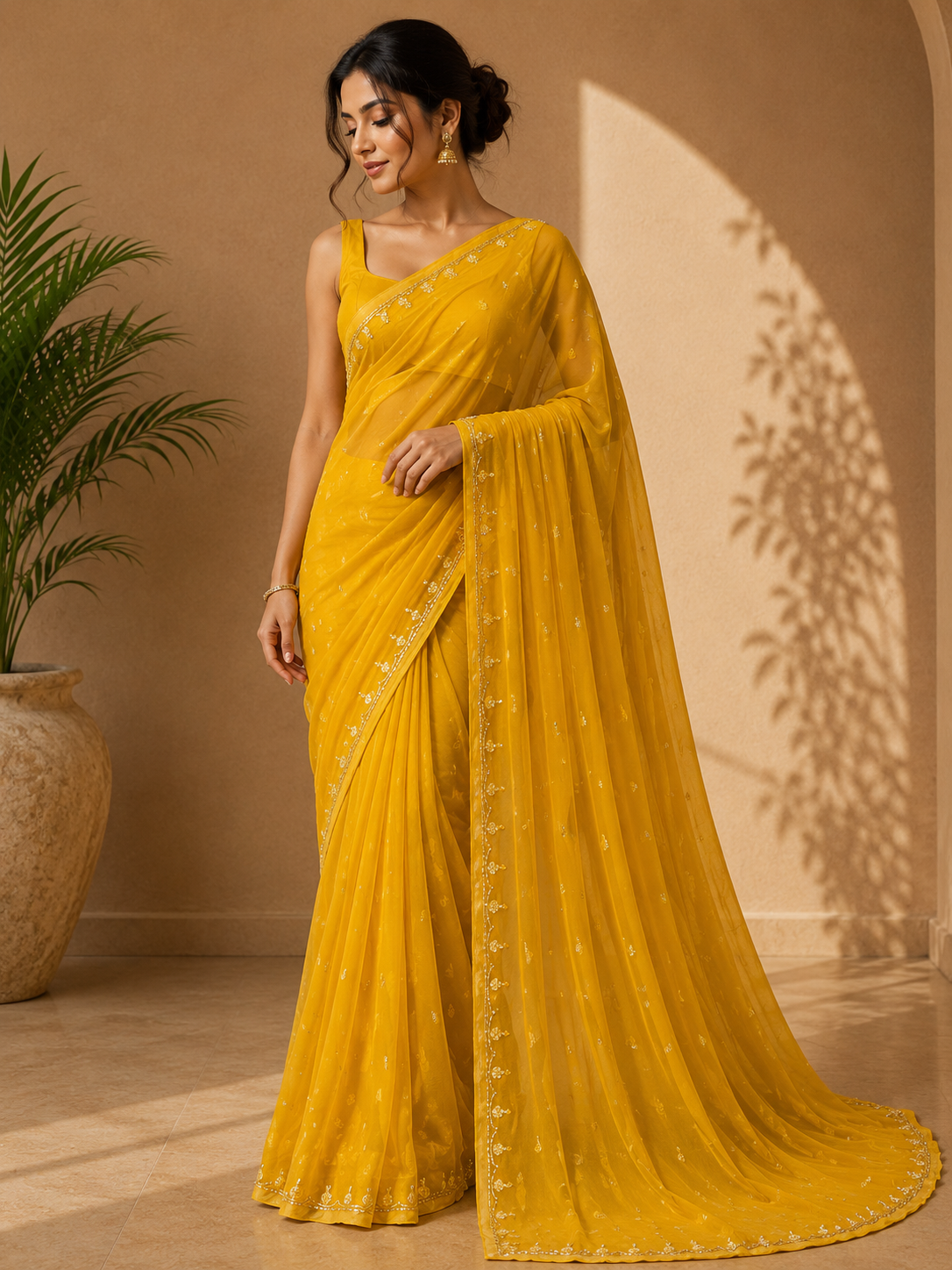 Beautiful royal Look Chiffon Saree With Handwork