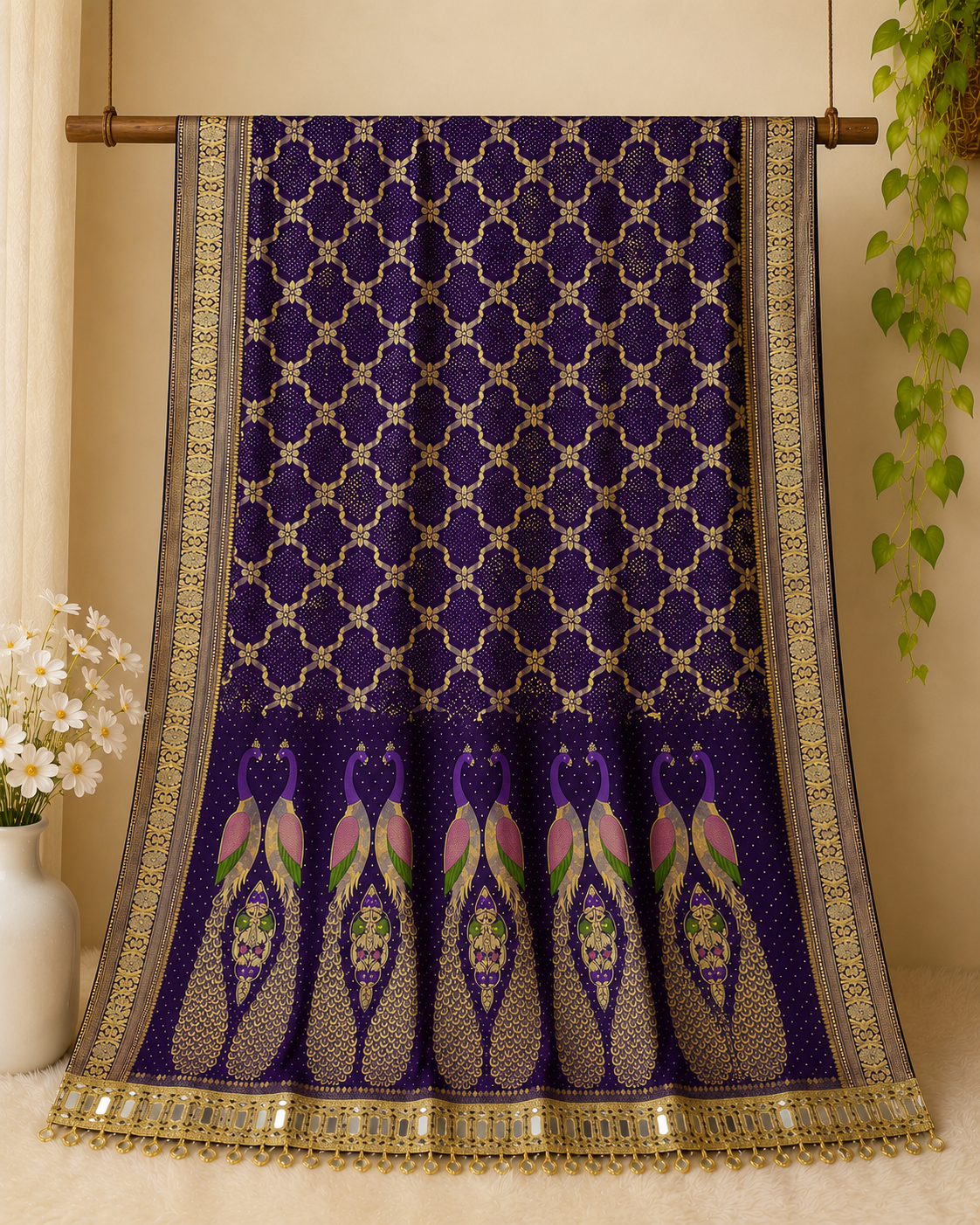 Traditional bandhani dupatta with mirror work