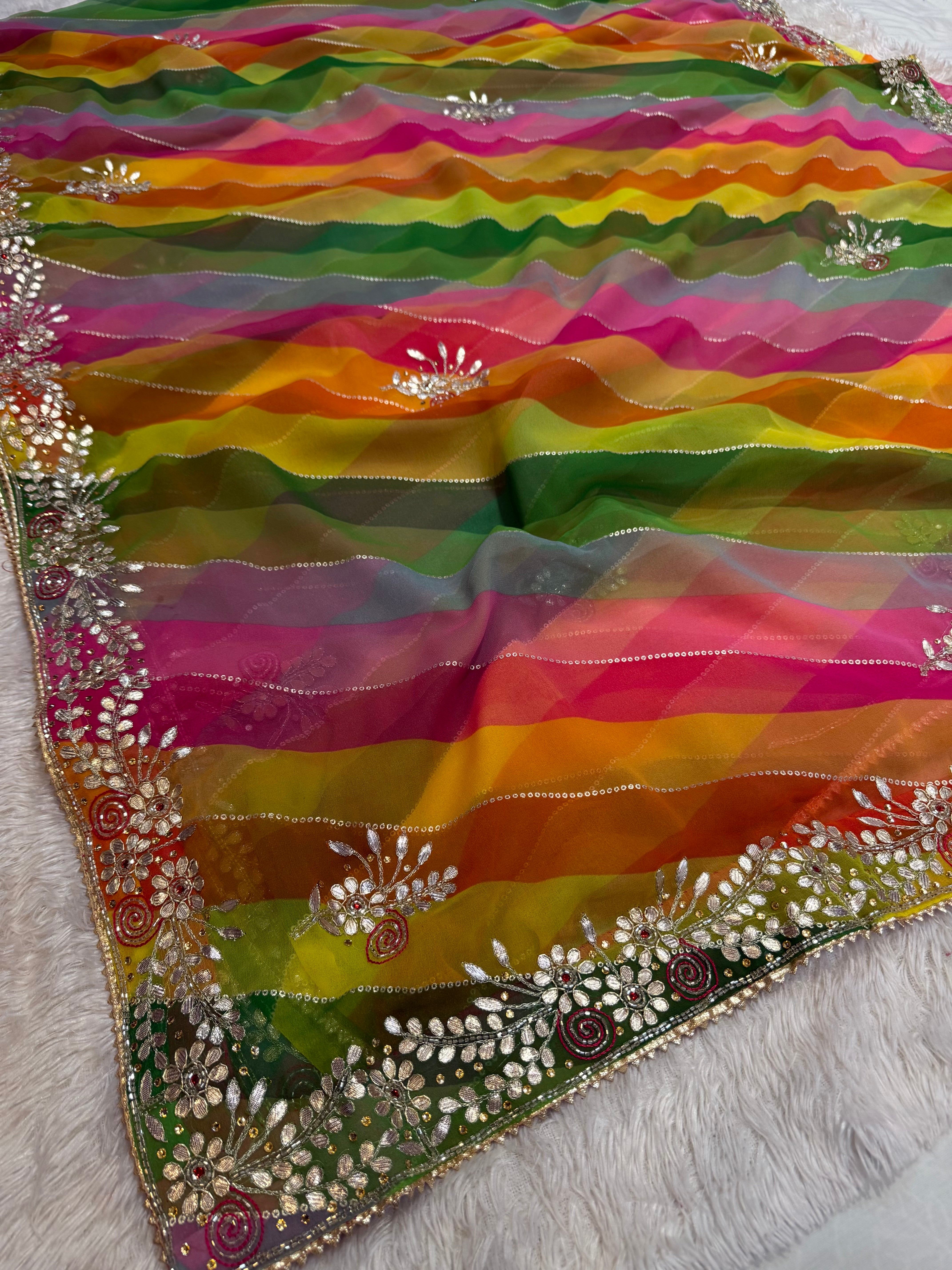 Designer Multi Leheriya Saree With Handwork