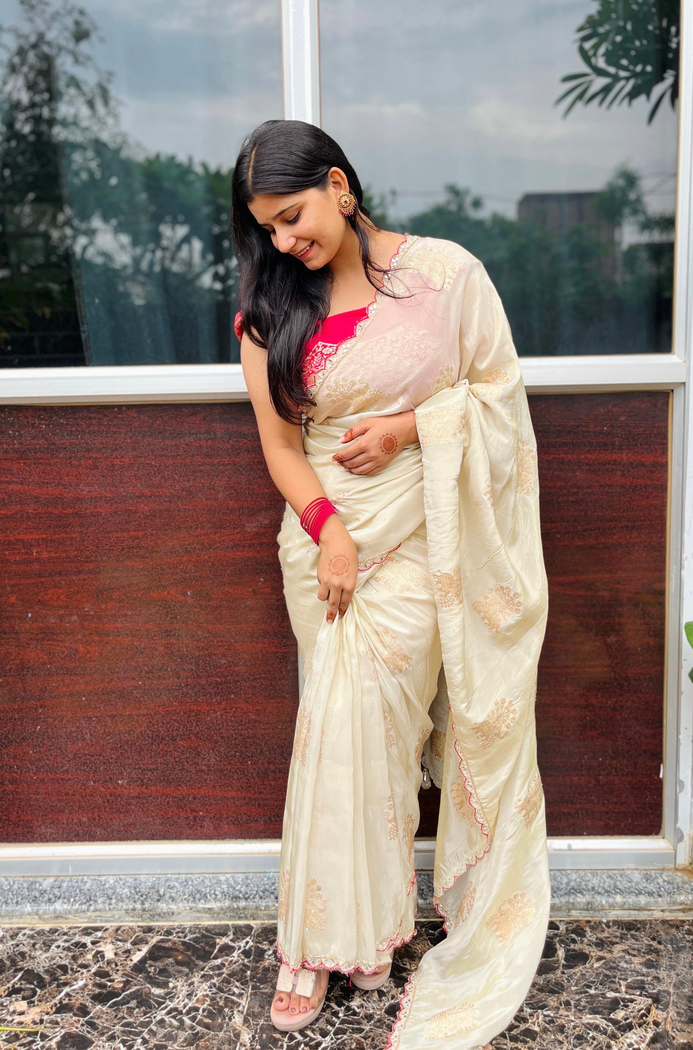 Premium Cosmos Fabric Saree With Handwork