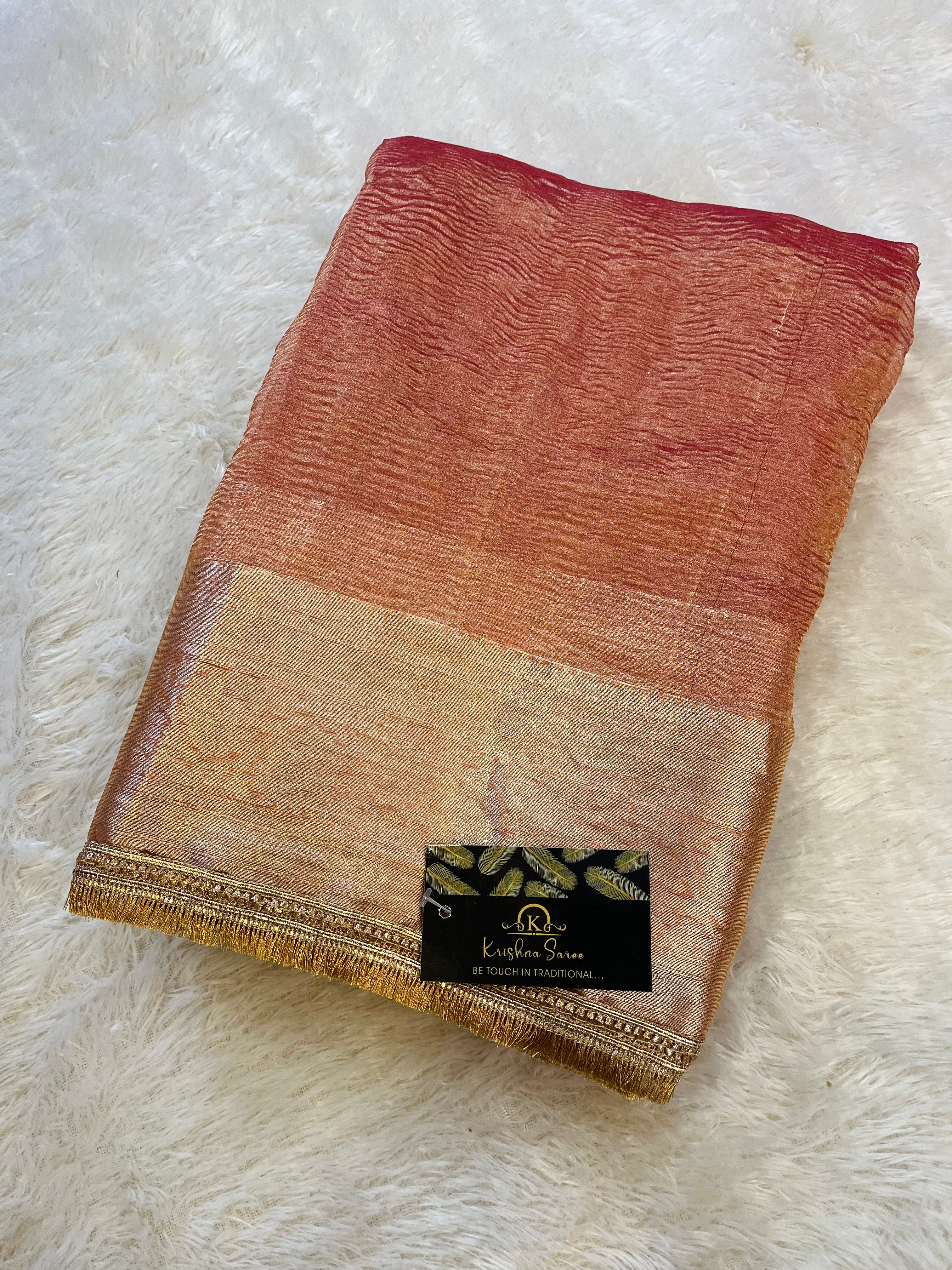 Pure Banarasi Tissue Silk Crush Saree X Onion Pink Colour